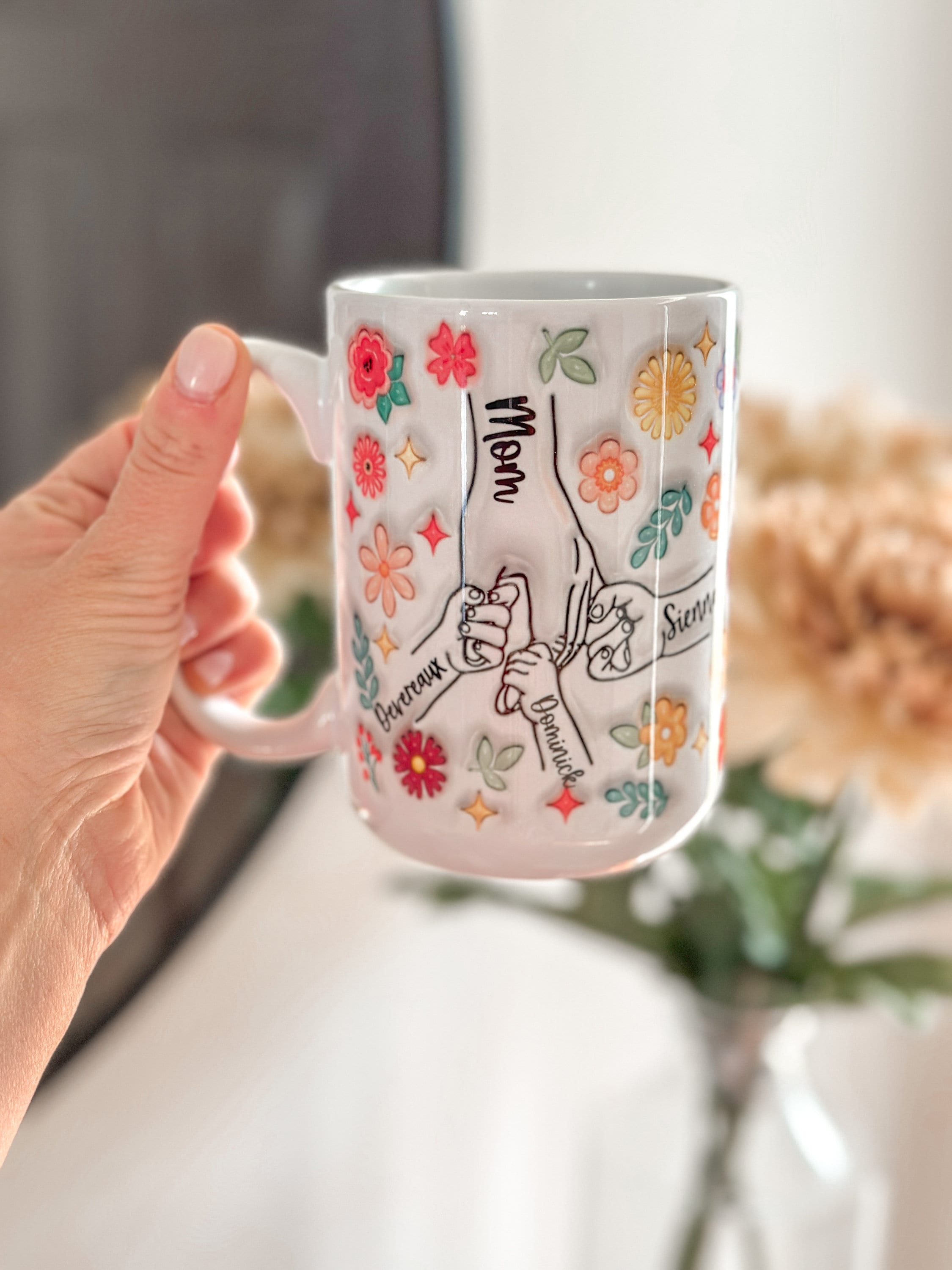 Personalized Mom Holding hands Coffee mug 15oz gift for her best friend Mothers Day Gift 3D effect inflated Family Personalized mug