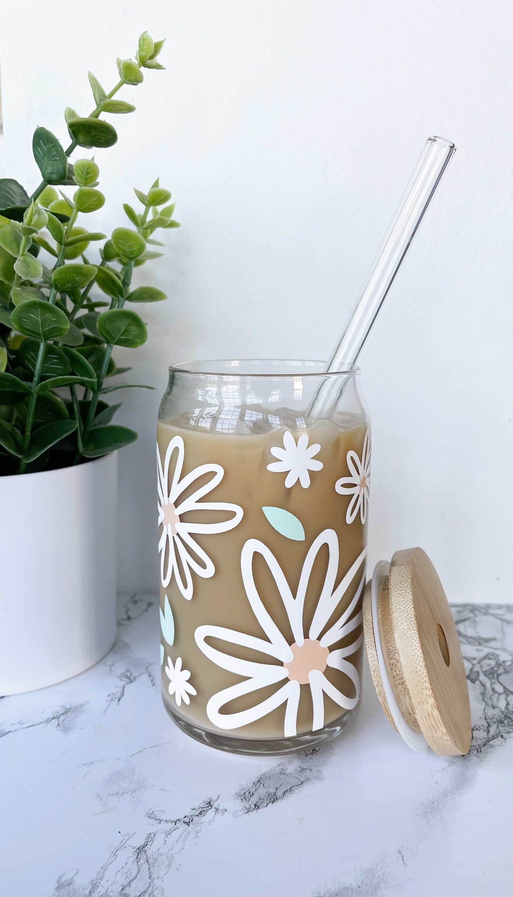 Daisy Can glass cup, Iced Coffee Cup, Beer Can Glass, Boho Glass