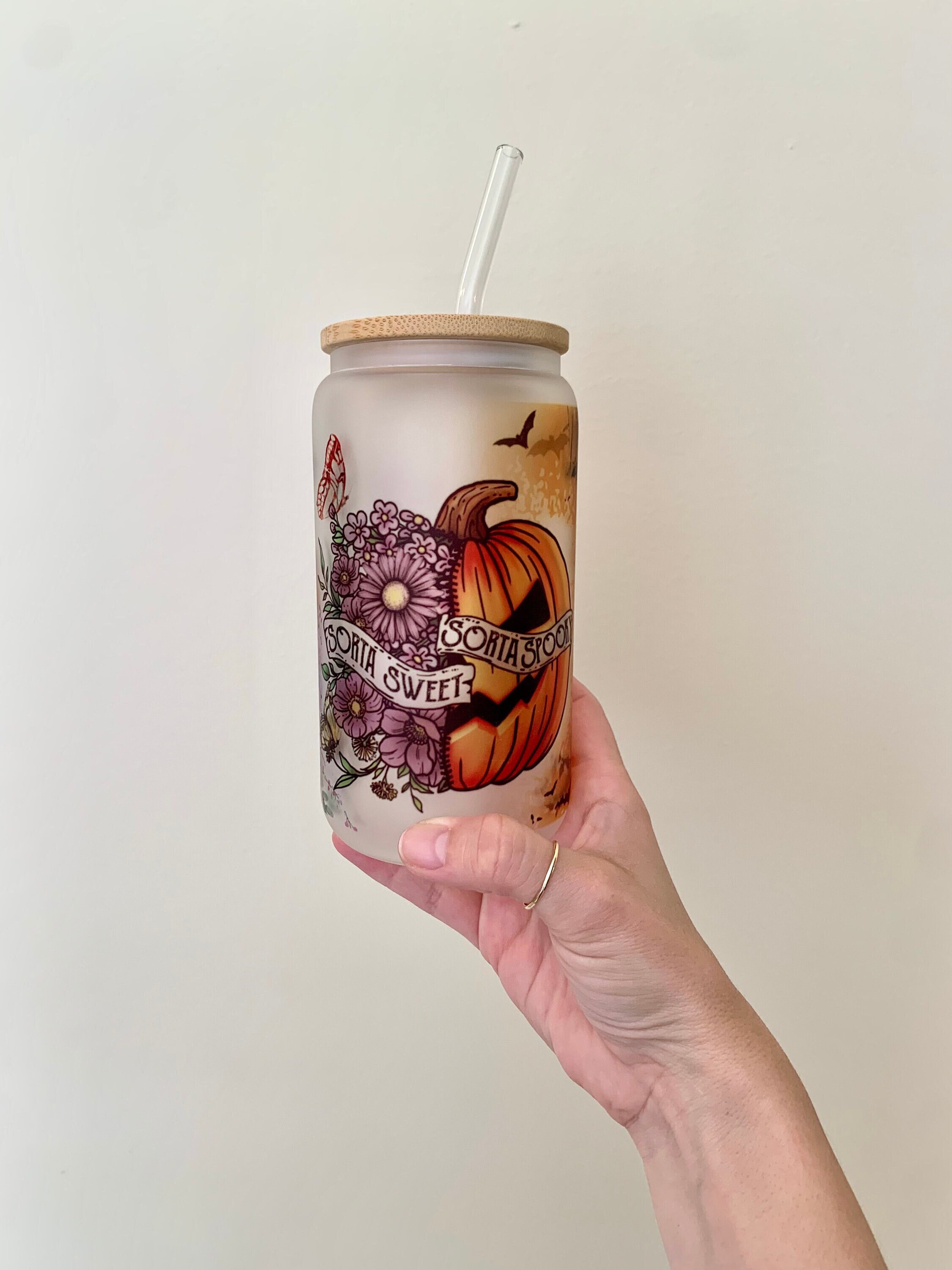 Sweet Spooky Beer Can Glass / Floral Pumpkin Butterfly Iced Coffee Cup / Gift for Her / Cute Spooky Custom Cup / Halloween Lover Idea