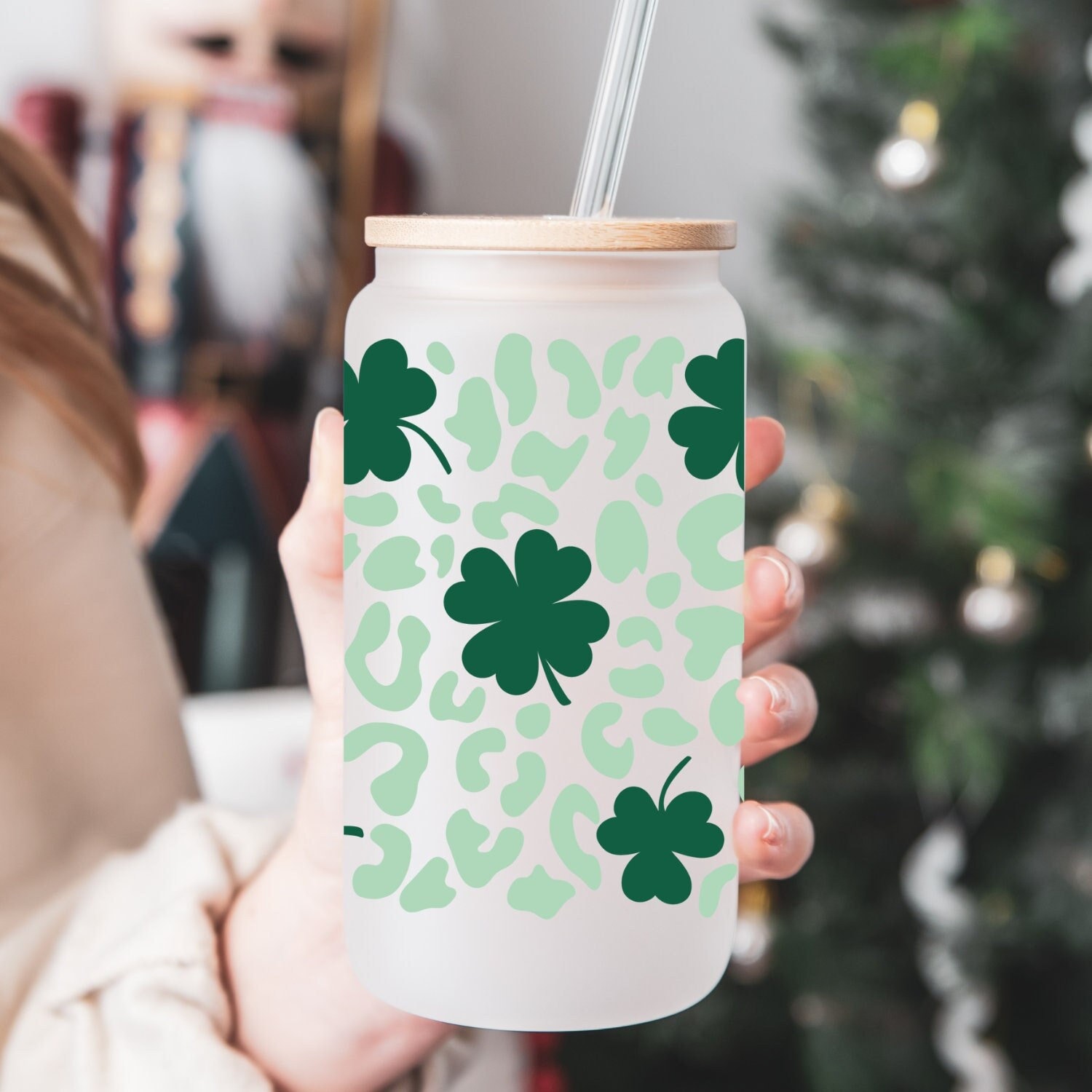 Leopard Shamrock St Pat’s Beer Can Glass | St Pat’s Day Cup | Lucky Mug | 16oz Libbey Glass | Coffee Glass | Shamrock Mug | Iced Coffee