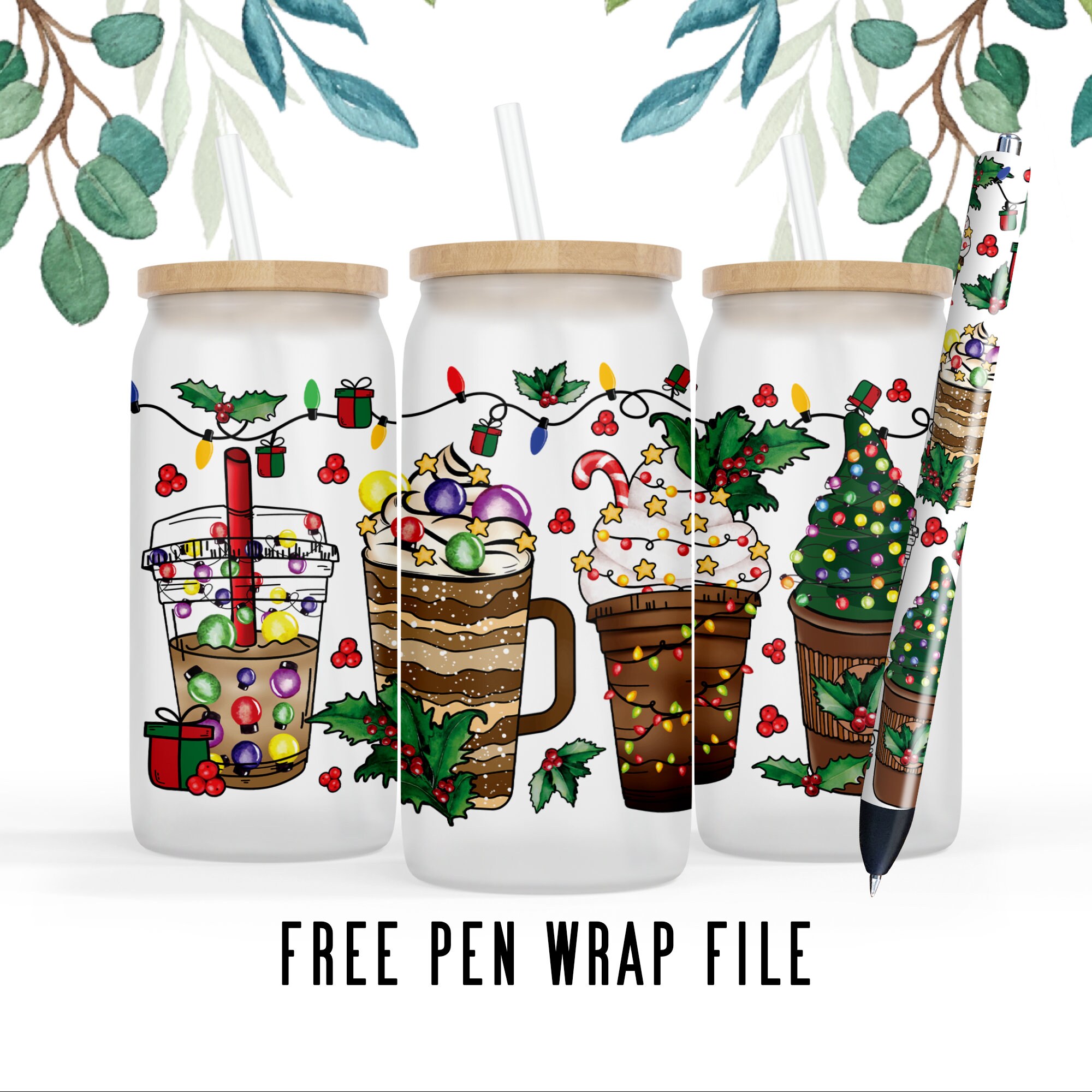 2 Files 16 oz Libbey Beer Glass Can Hand drawn Christmas coffee PNG, iced latte Chirstmas Light sweets snow warm cozy winter Pen wrap png