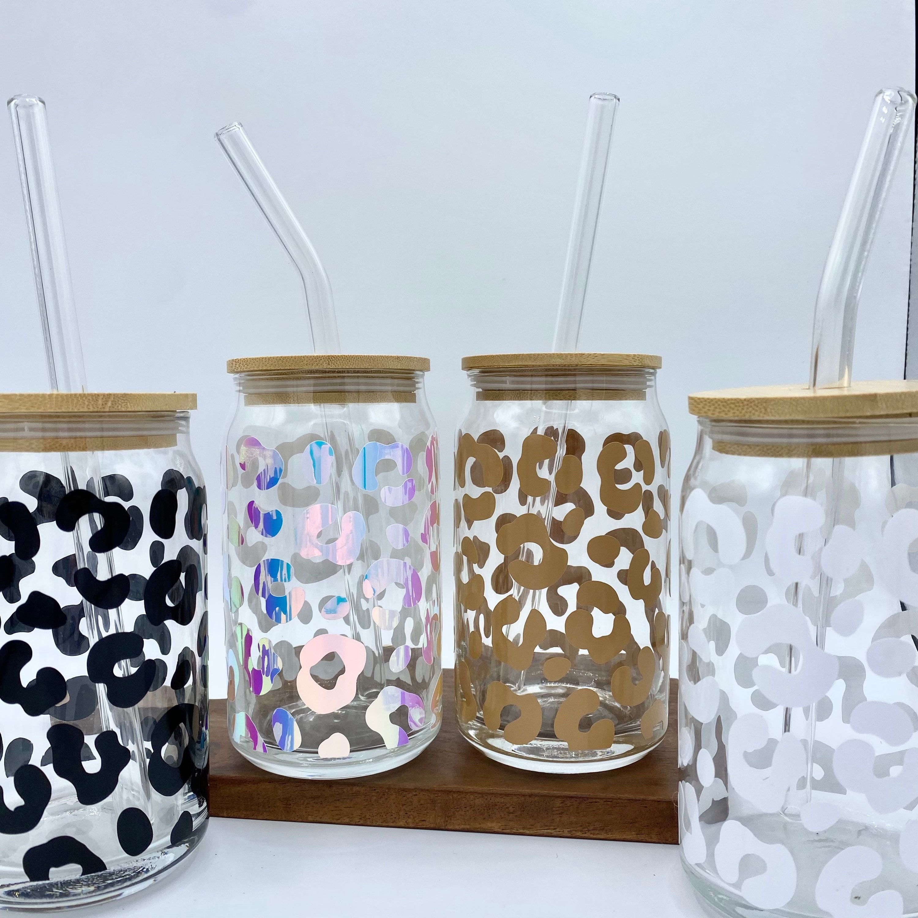 Leopard Print Iced Coffee Cup 16oz Glass Soda Can Reusable Cup with Bamboo Top and Glass Straw Glass Libby Glass Beer Can Cup Gift for Her