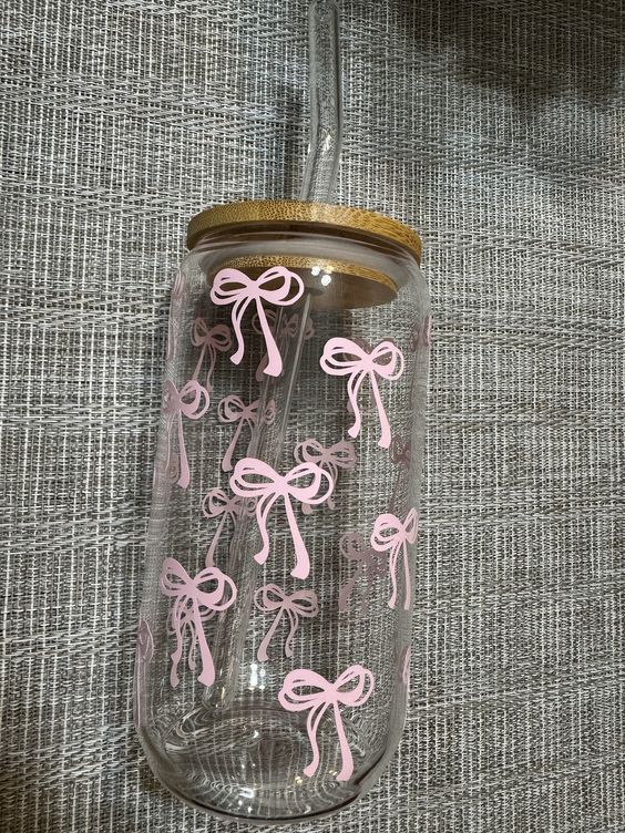 Pink Bows Glass Cup, 16oz Glass Cup, Glass Cup With Bamboo Lid and Glass Straw Iced Coffee Cup