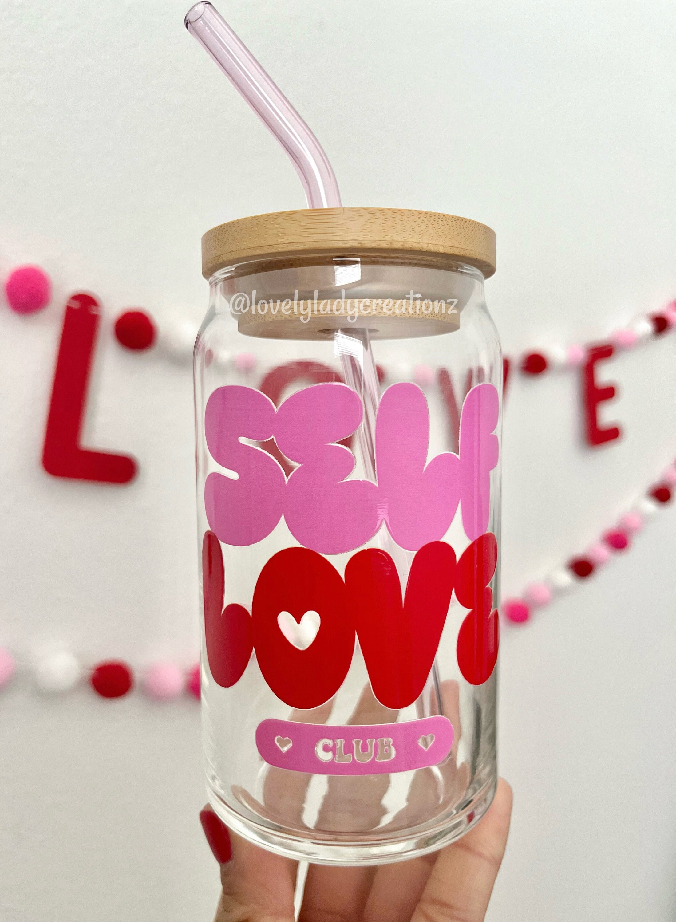 Self Love Club Glass Cup / Retro Hearts Glass Cup / Gifts for Her / Cute Glass Cup / Iced Coffee Cup / Valentines Day Cup