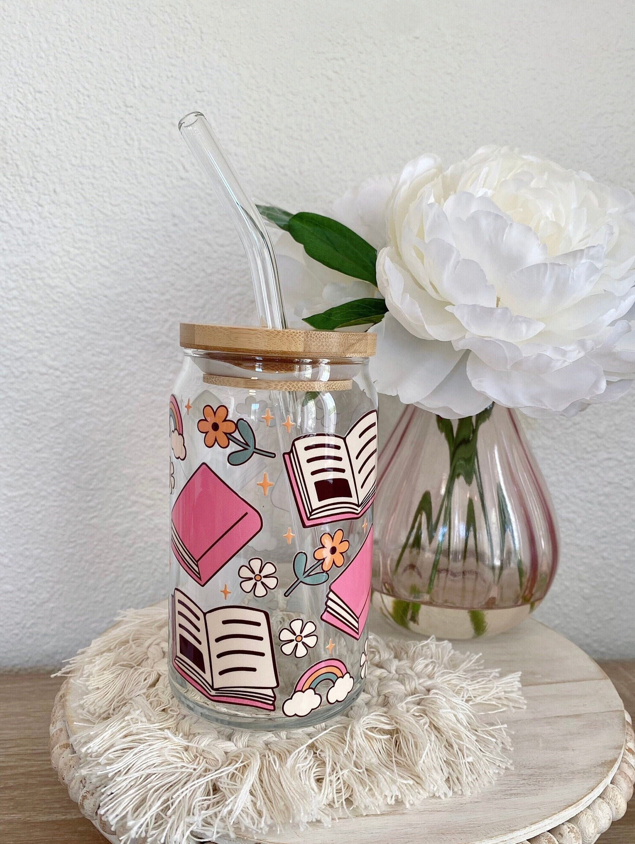 Cute Book Lovers Iced Coffee Glass, Pink Bookworm Beer Can Glass, Books Coffee Glass Cup, Gift For Her, Retro Bookish Cup, Book Obsession