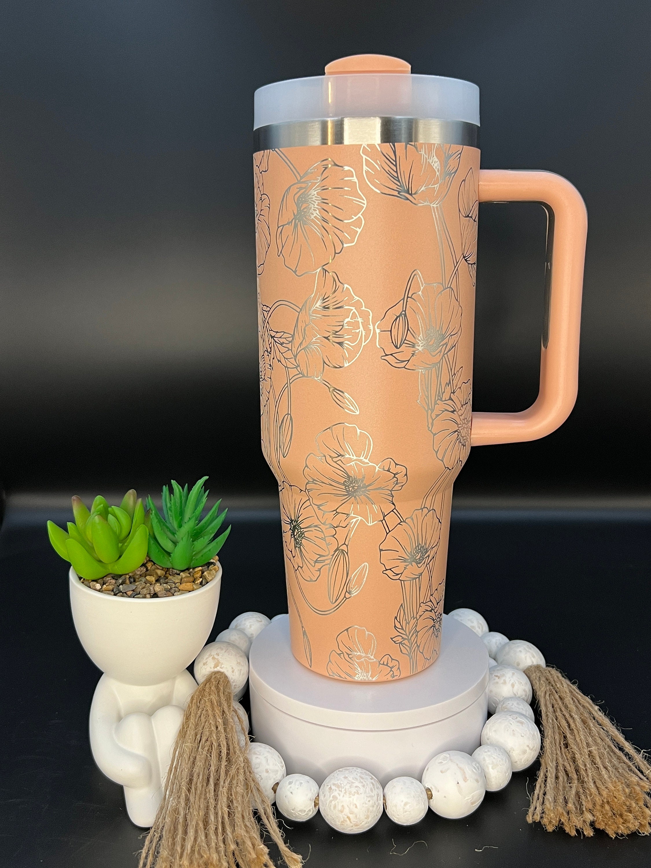 Poppies Laser Engraved 40oz Tumbler with Handle Lid & Straw, Custom Engraved Tumbler Full Wrap, Seamless Design, Double Wall Insulated Cup