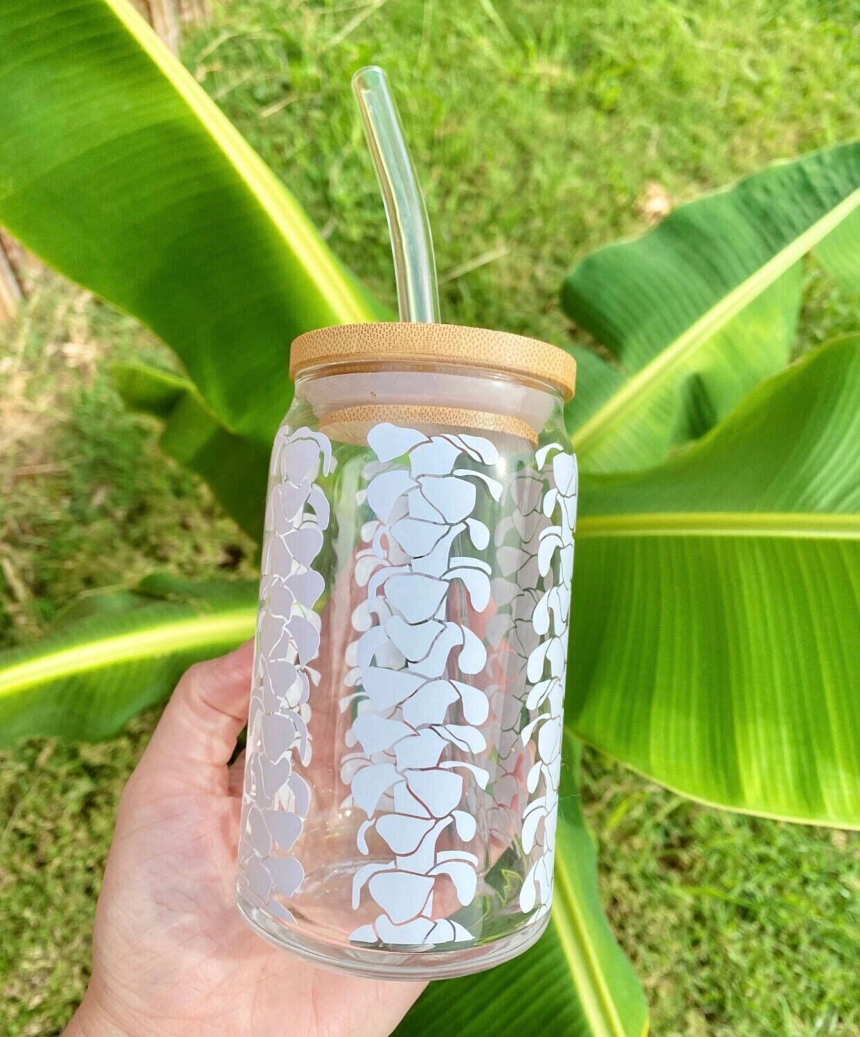 Puakenikeni Flower Beer Glass Can, Iced Coffee Glass, Libbey Glass, Neutral Aesthetic Glass, Lei of Aloha, Hawaii Gift, Hawaiian Flower