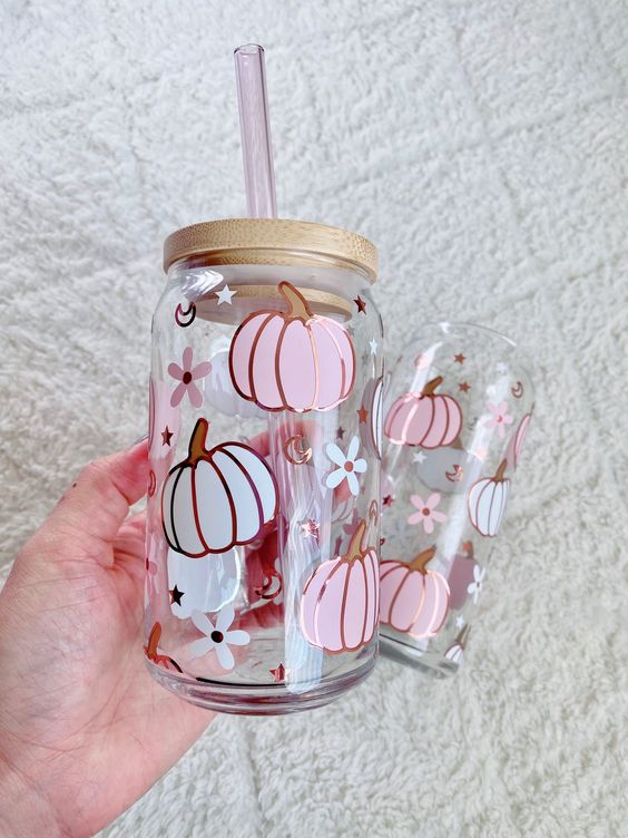 Cute Pink Pumpkin Beer Can Glass, Iced Coffee Glass, Libbey Glass, Fall Glass Can, Halloween Glass Tumbler