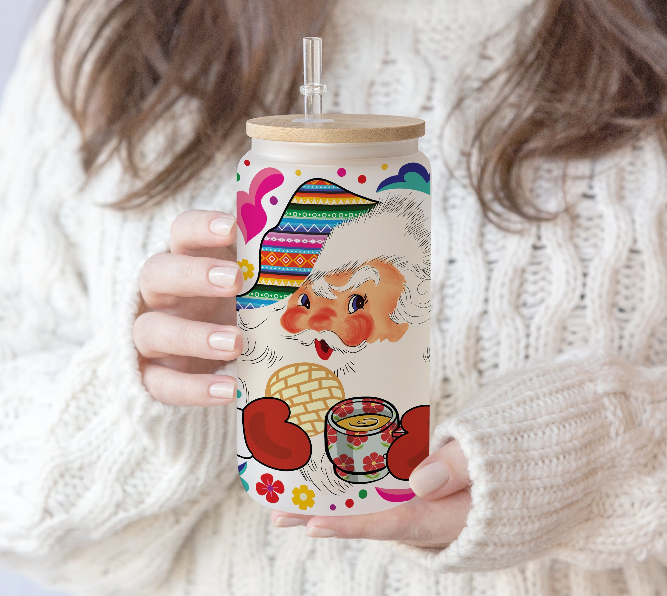 16 oz Libbey Beer Glass Can Cute Retro Christmas Vibe Santa | Mexican Christmas | Cafecito y Pan dulce | Retro Latino Digital Download PNG