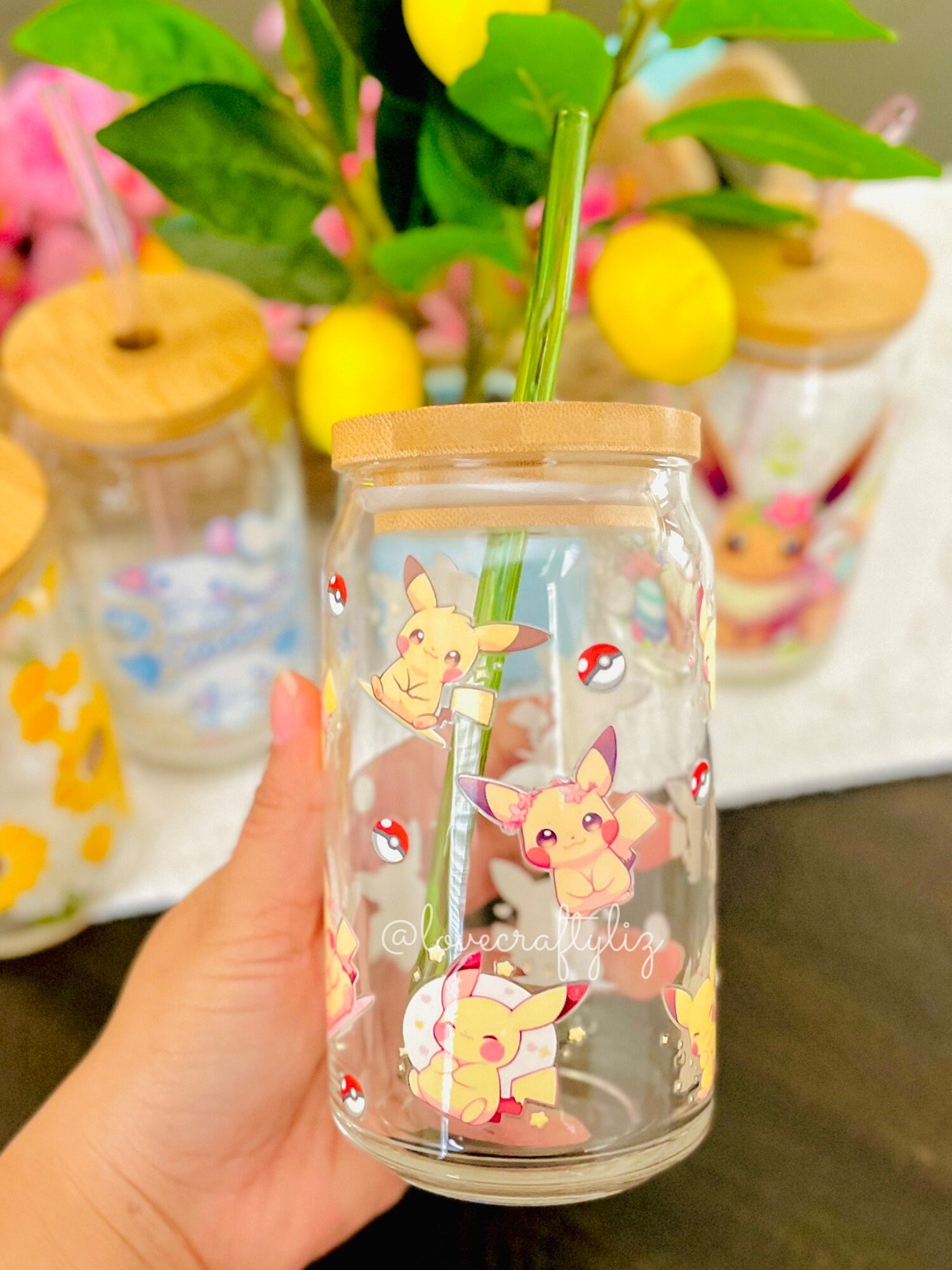 Poke Electric Buddy Evolution 16oz Beer Can Glass | Spring Cup | Iced Coffee | Gift | Pocket Monsters | POGO| Eevee | PKMN | Floral | Kawaii