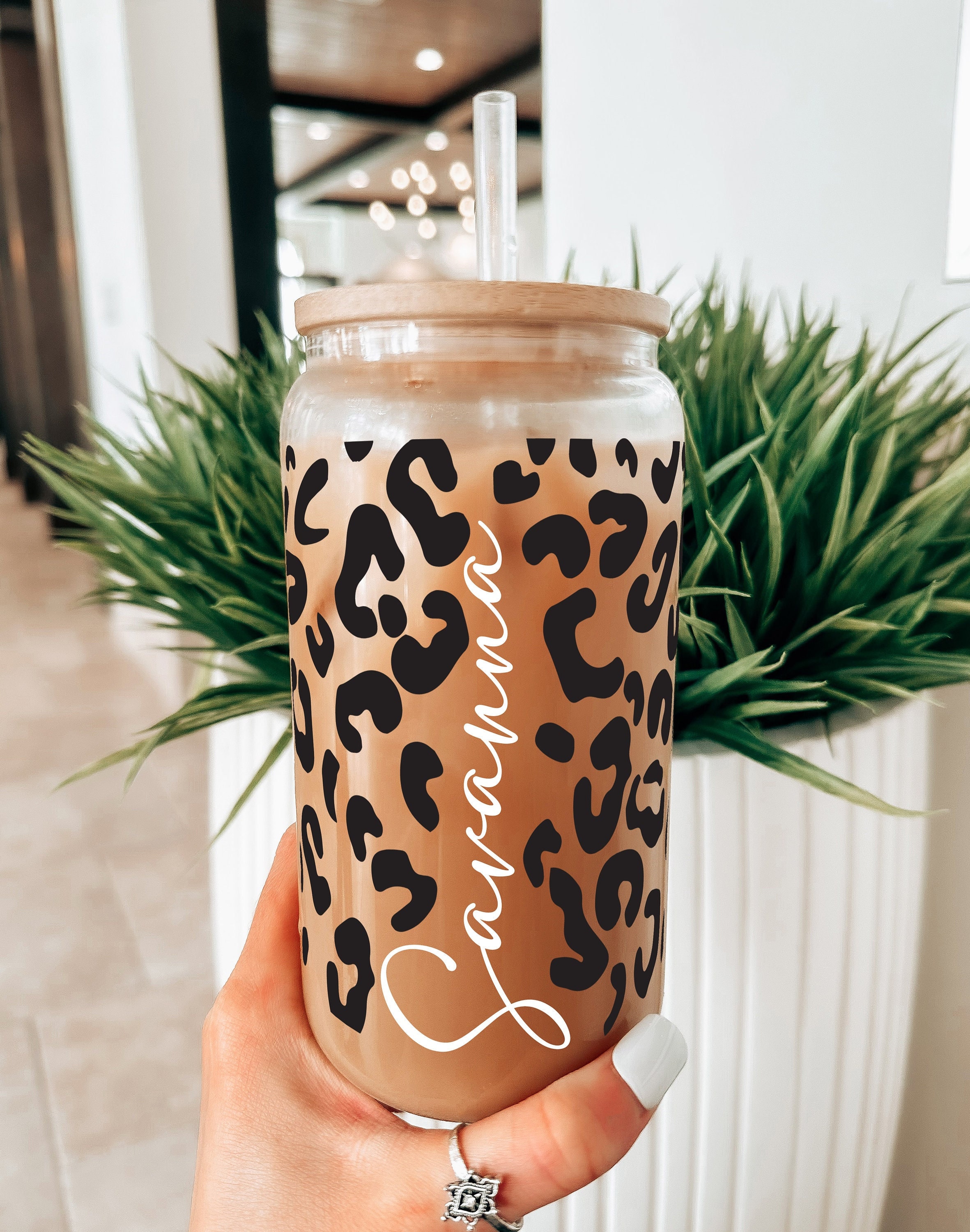 Leopard Iced Coffee Cup Cheetah Personalized Name Iced Coffee Cup Gift, Personalized Iced Coffee Cup Glass, Beer Can Iced Coffee Cup Leopard