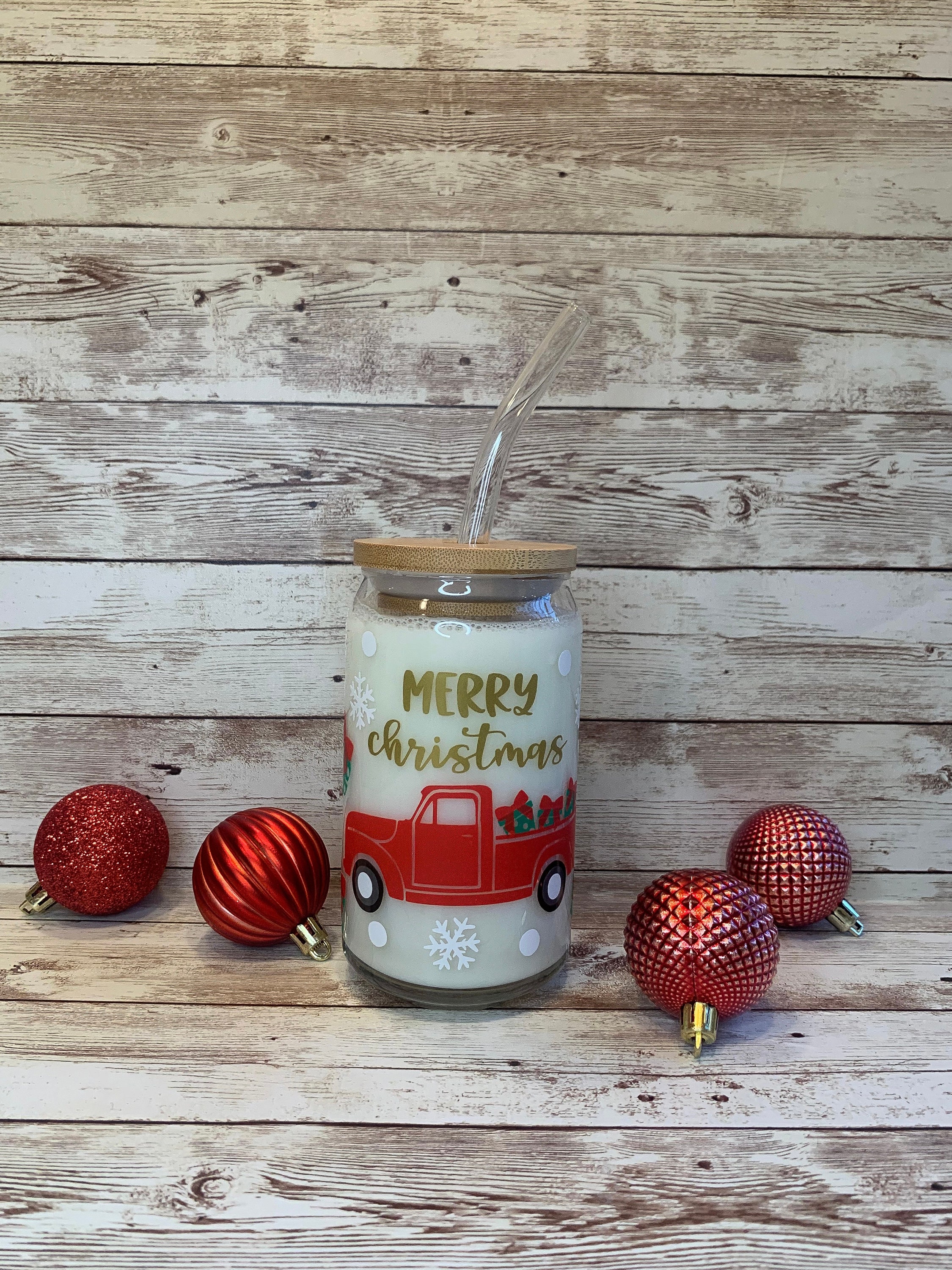 Christmas Red Truck Beer Can Glass / Holiday Tree Snowflake Present Glass / Iced Coffee Cup / Gift For Her / Winter Soda Can Glass