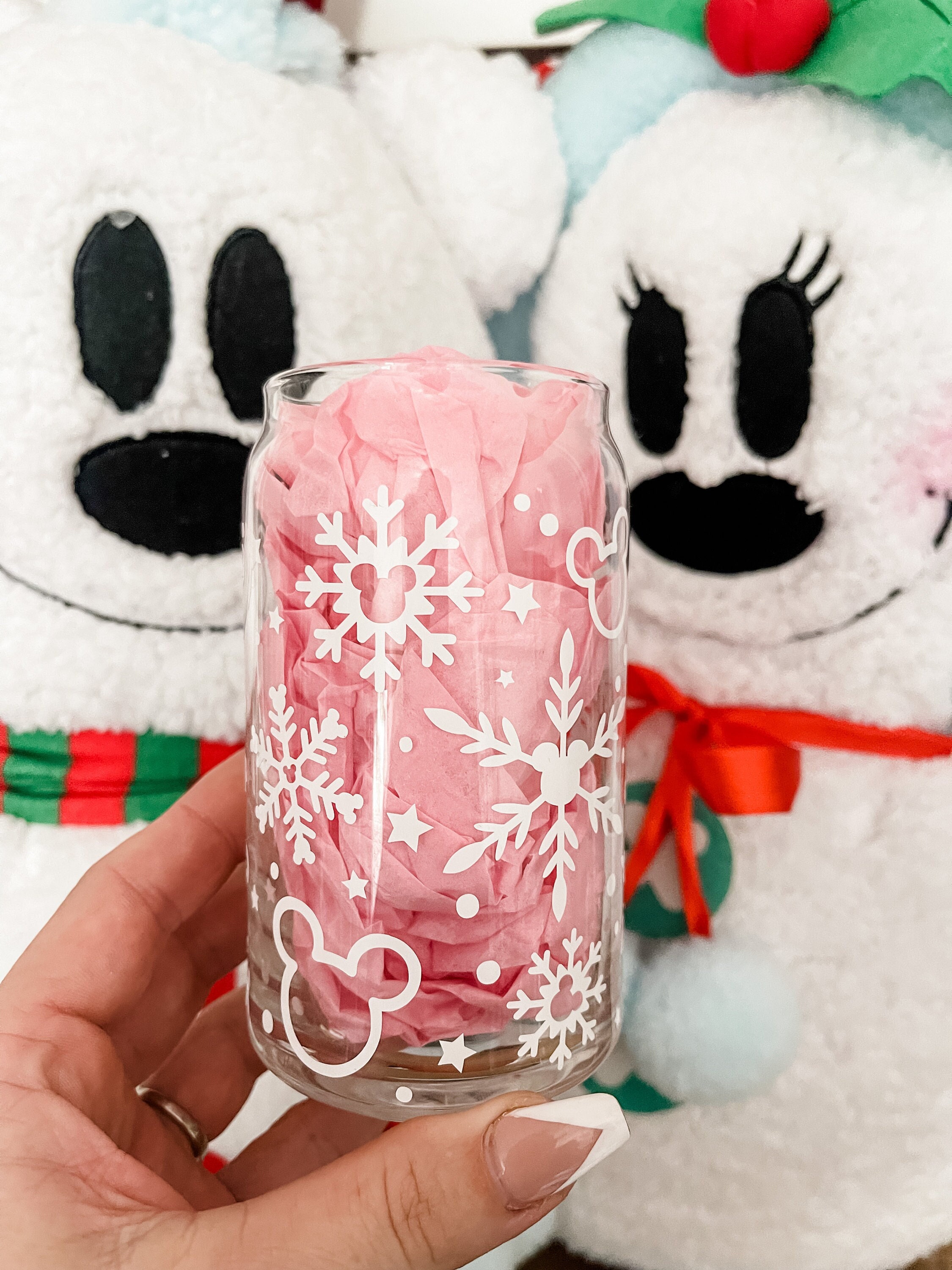 Christmas Coffee Glass, Mouse Ears snowflakes, Iced Coffee Glass, Can Glass, Beer Soda Can, Christmas Tumbler, Coffee Glass, Cup Lid Straw