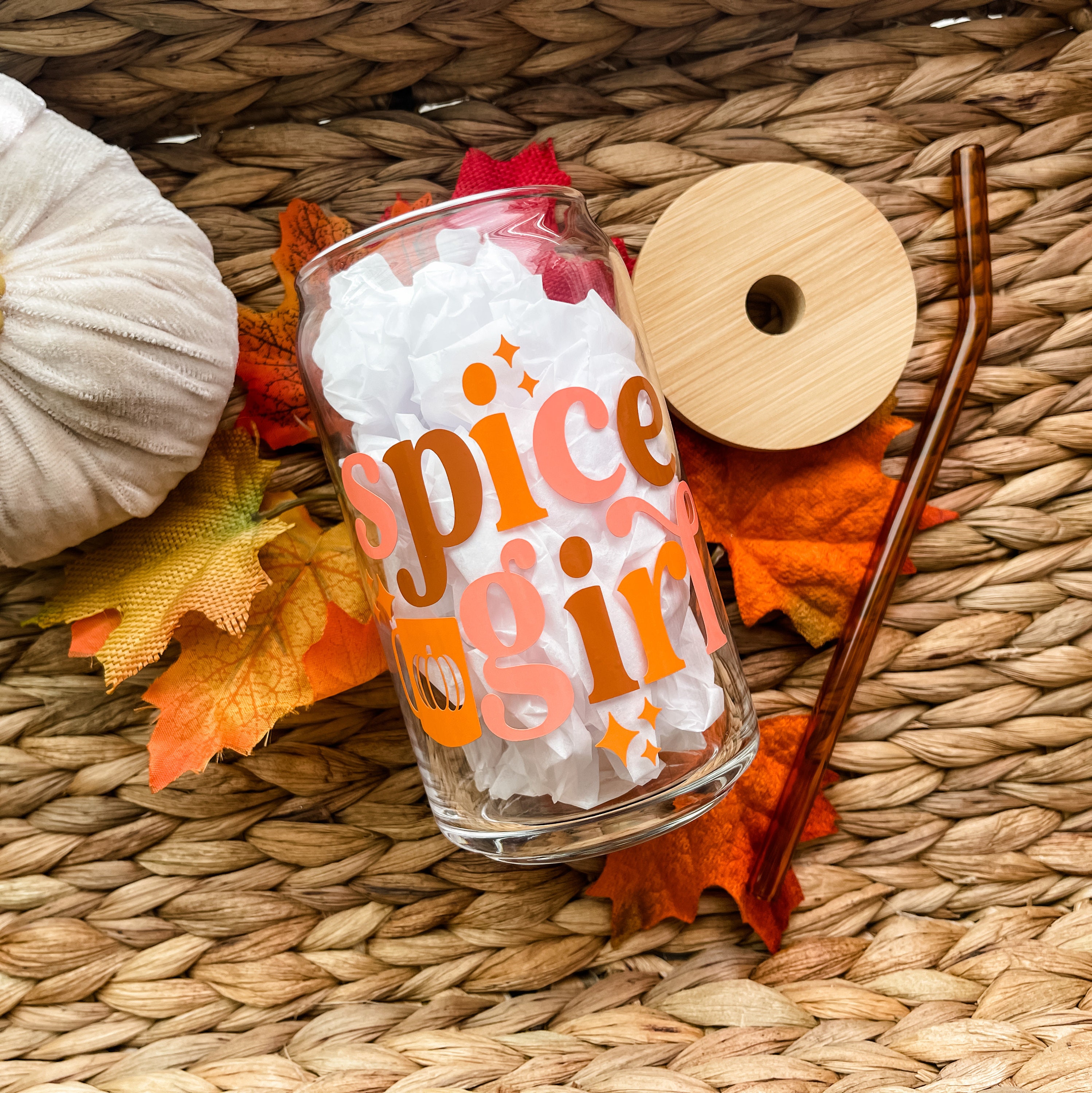 Pumpkin Spice Coffee Glass, Fall Iced Coffee Glass, Can Glass, Beer Can Glass, Halloween Tumbler, Coffee Glass, Cup with Lid Straw, Gift