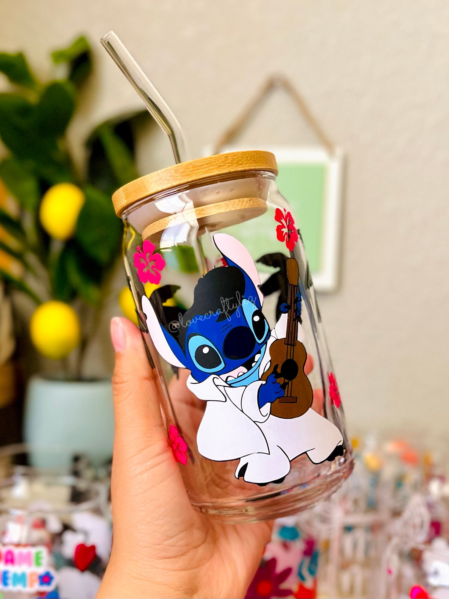 Stitch Elvis 16 oz Beer Can Glass | Spring Summer Lemonade | Smoothie Cup| Hawaiian Flower | Aloha| Ohana 625 Blue Alien Hibiscus Palm Tree