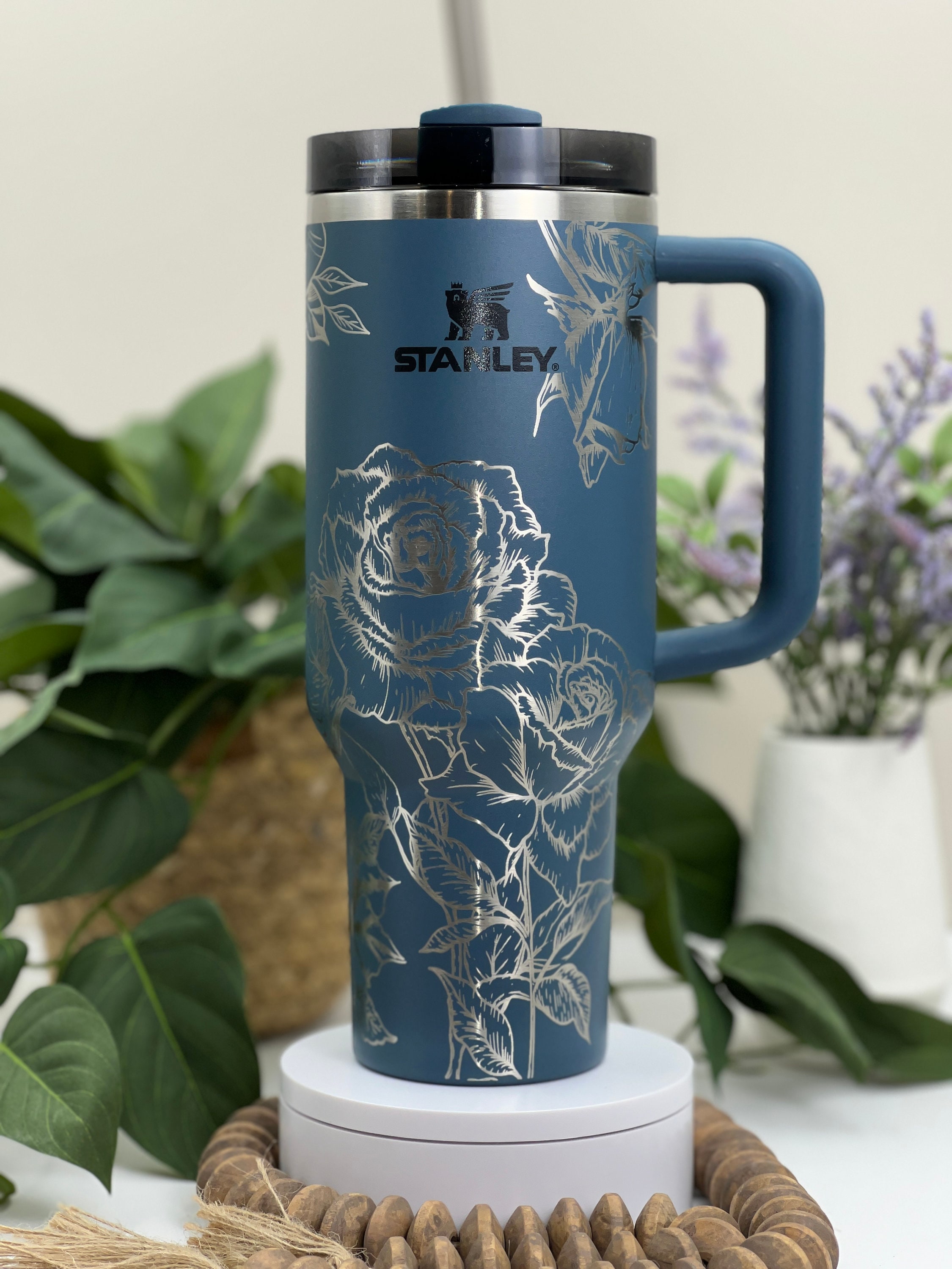 Roses Laser Engraved 40oz Tumbler with Handle Lid and Straw, Custom Engraved Seamless Floral Tumbler, Double Wall Insulated Cup