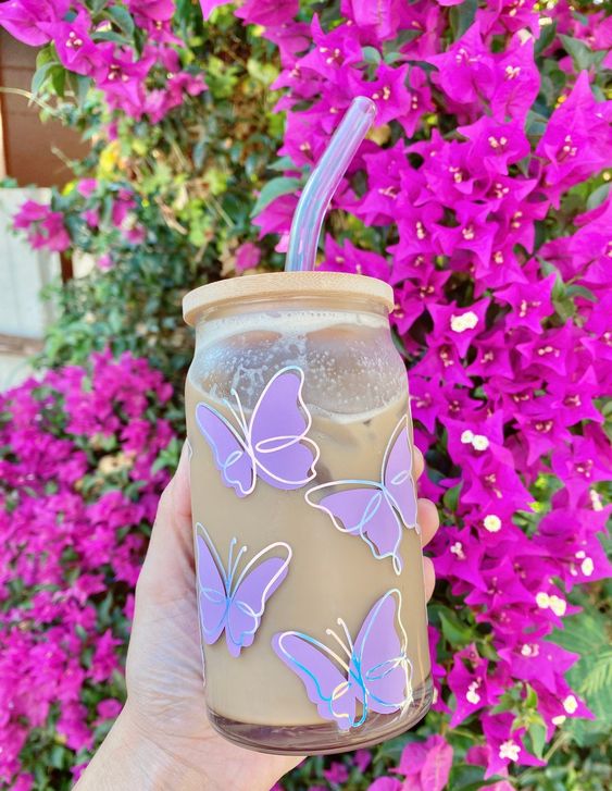 Butterflies Beer Can Glass, Butterfly Iced Coffee Glass Tumbler