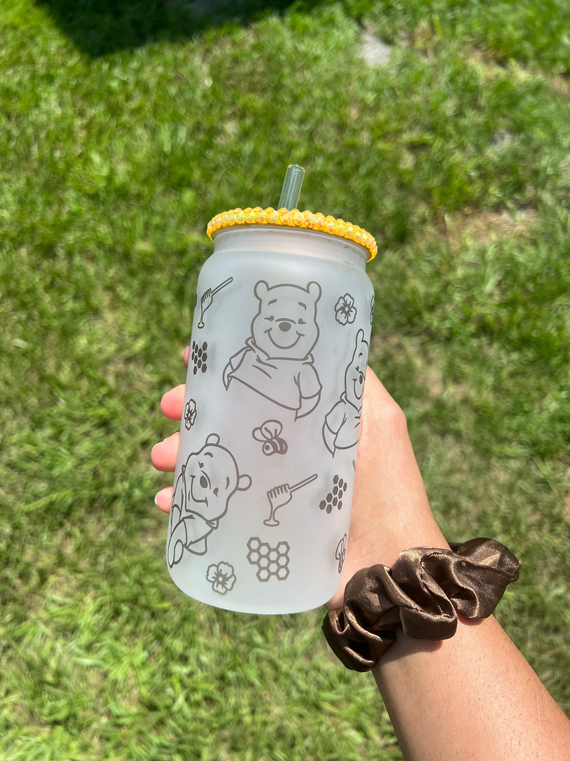 Winnie the Pooh inspired Frosted Can Glass 16 oz Cup | Aesthetic Glass Cups | Rhinestone Cups | Cute Iced Coffee Glass Cups