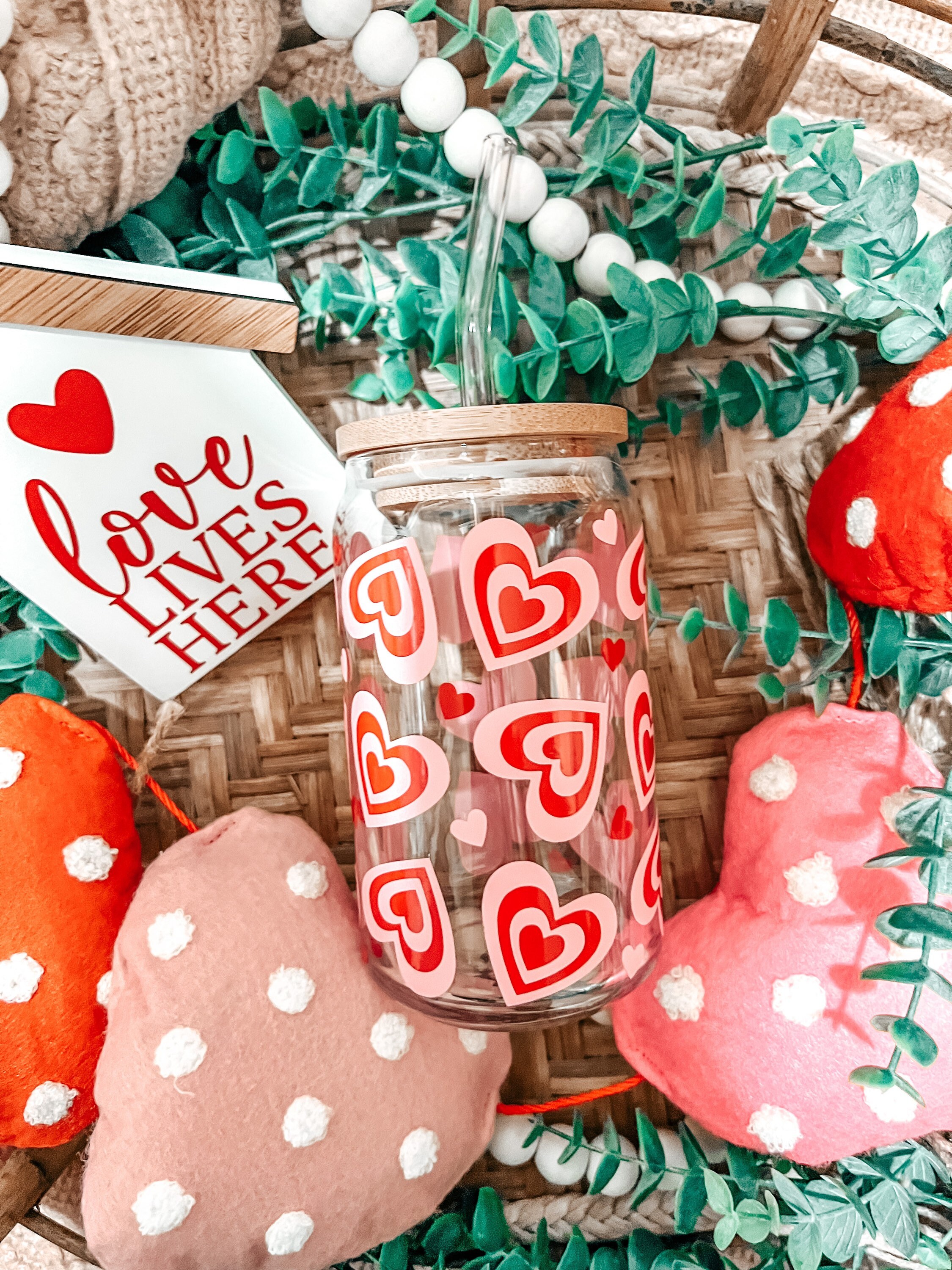 Retro Hearts Beer Can Glass | Valentines Day Coffee Glass | Gift for Her | Valentines Gift | Iced Coffee Glass