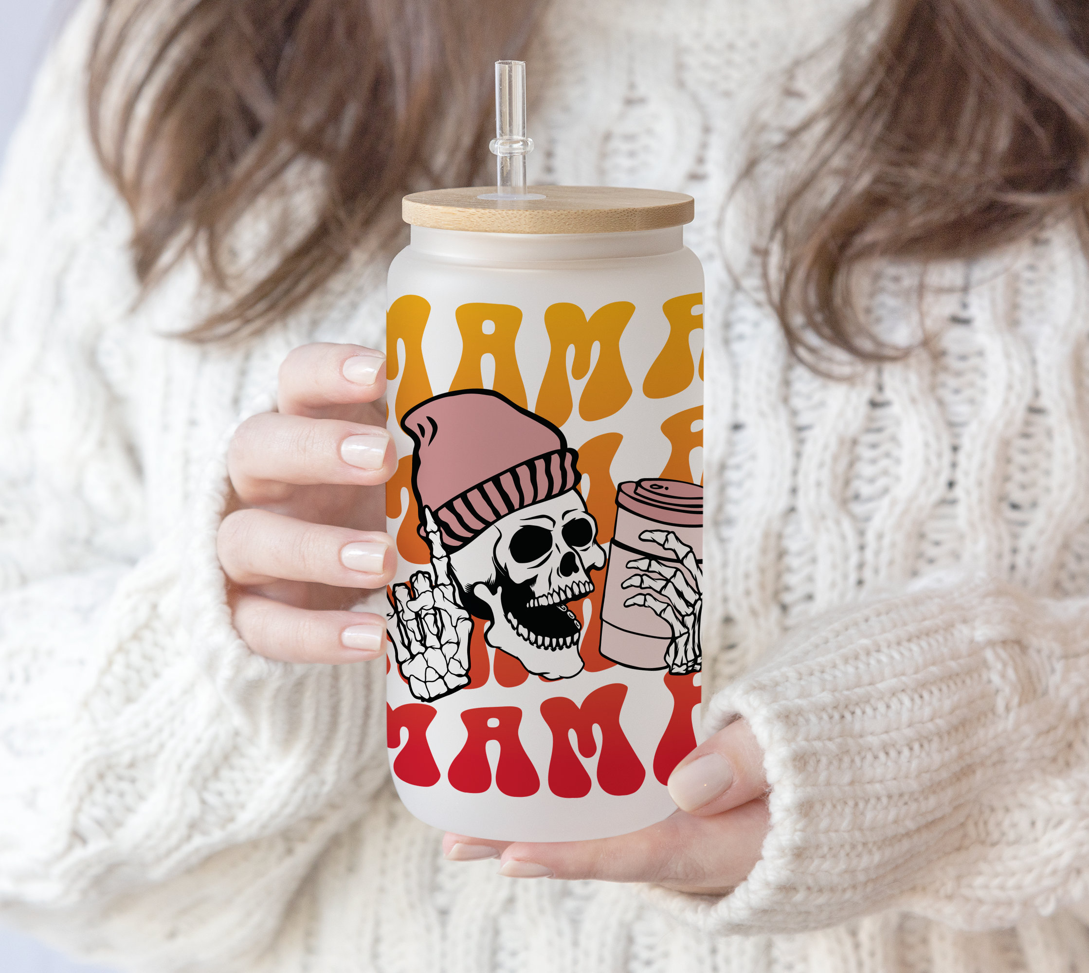 16 oz Libbey Glass Can Skull Mama Mom | Gift for Mother Day | Vintage Skull Skeleton | Gift for Mom | Skull Mom Digital Download PNG