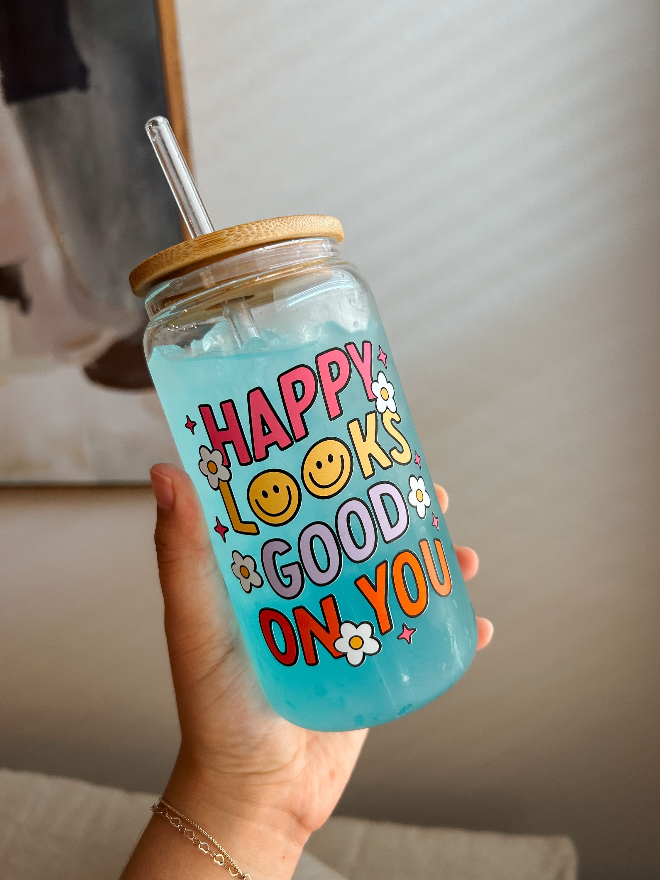 Happy looks good glass can cup | groovy glass can cup | beer can glass | smoothie cup | gifts for her | gifts for him | juice cup