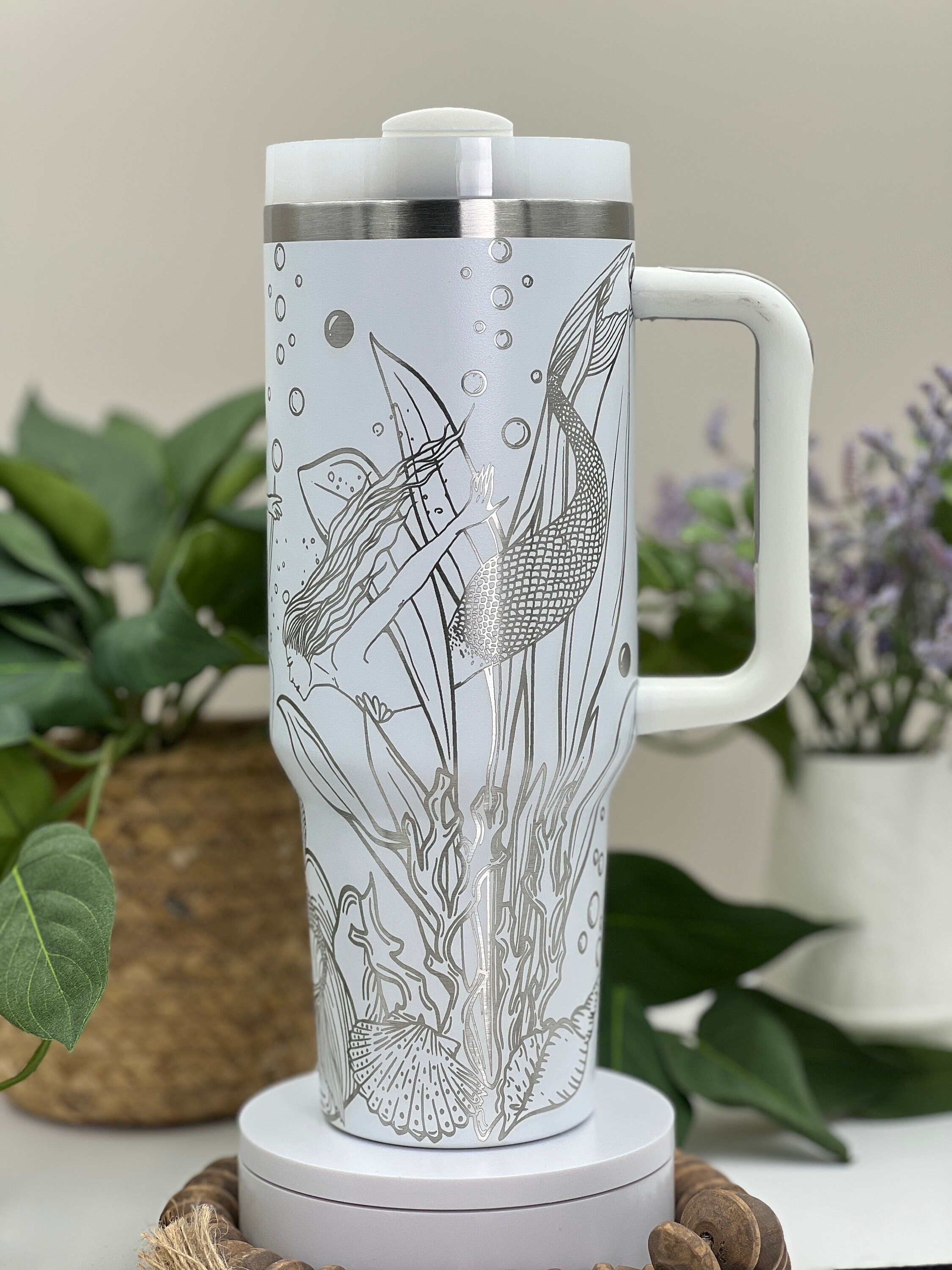 Mermaids Laser Engraved 40oz Tumbler with Handle Lid and Straw, Custom Engraved Seamless Tumbler, Double Wall Insulated Cup