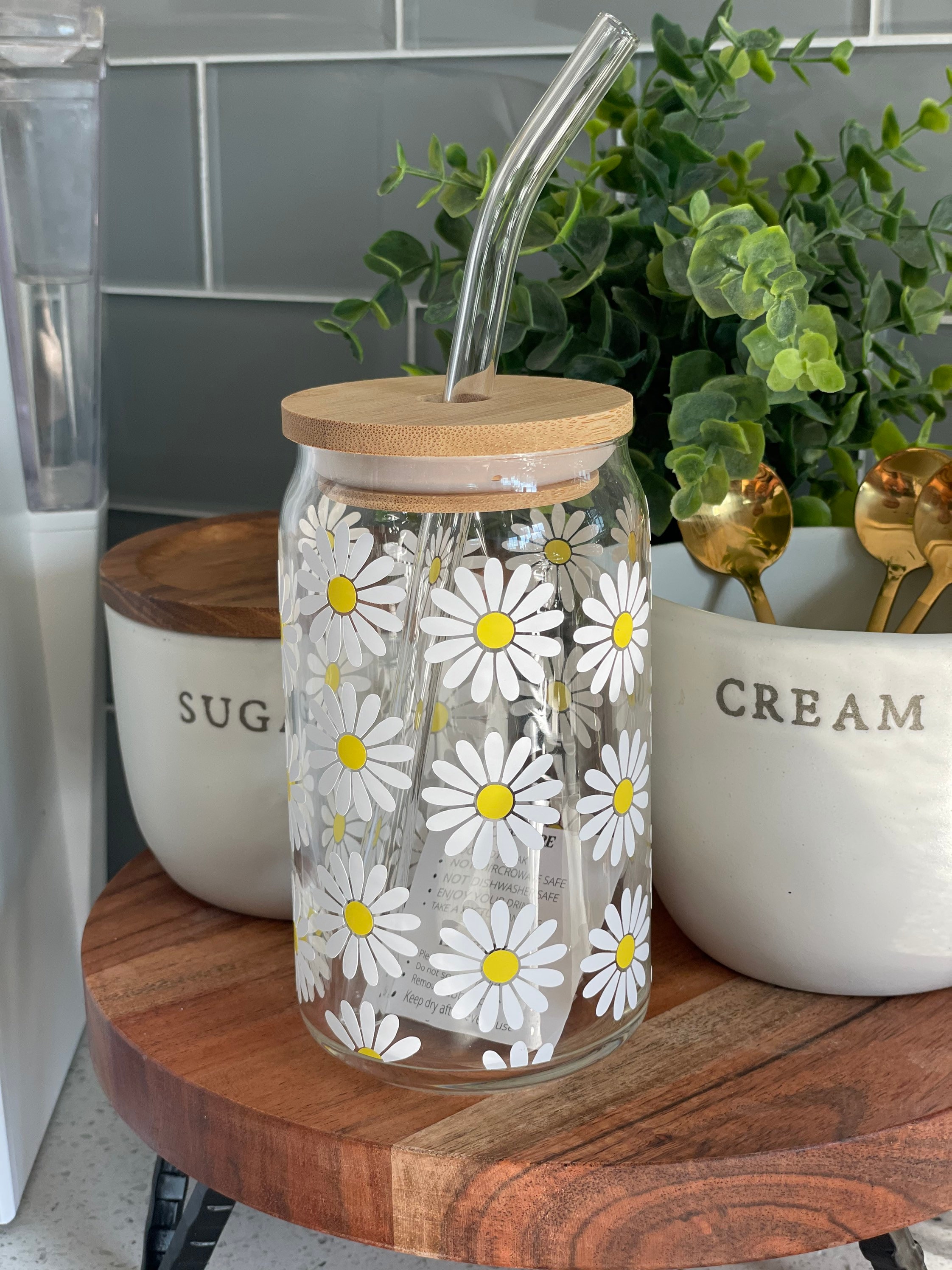 Daisy glass cup, Daisy glasses, Daisy glass can cup, Flower cup, iced coffee cup, retro flower Daisy cup