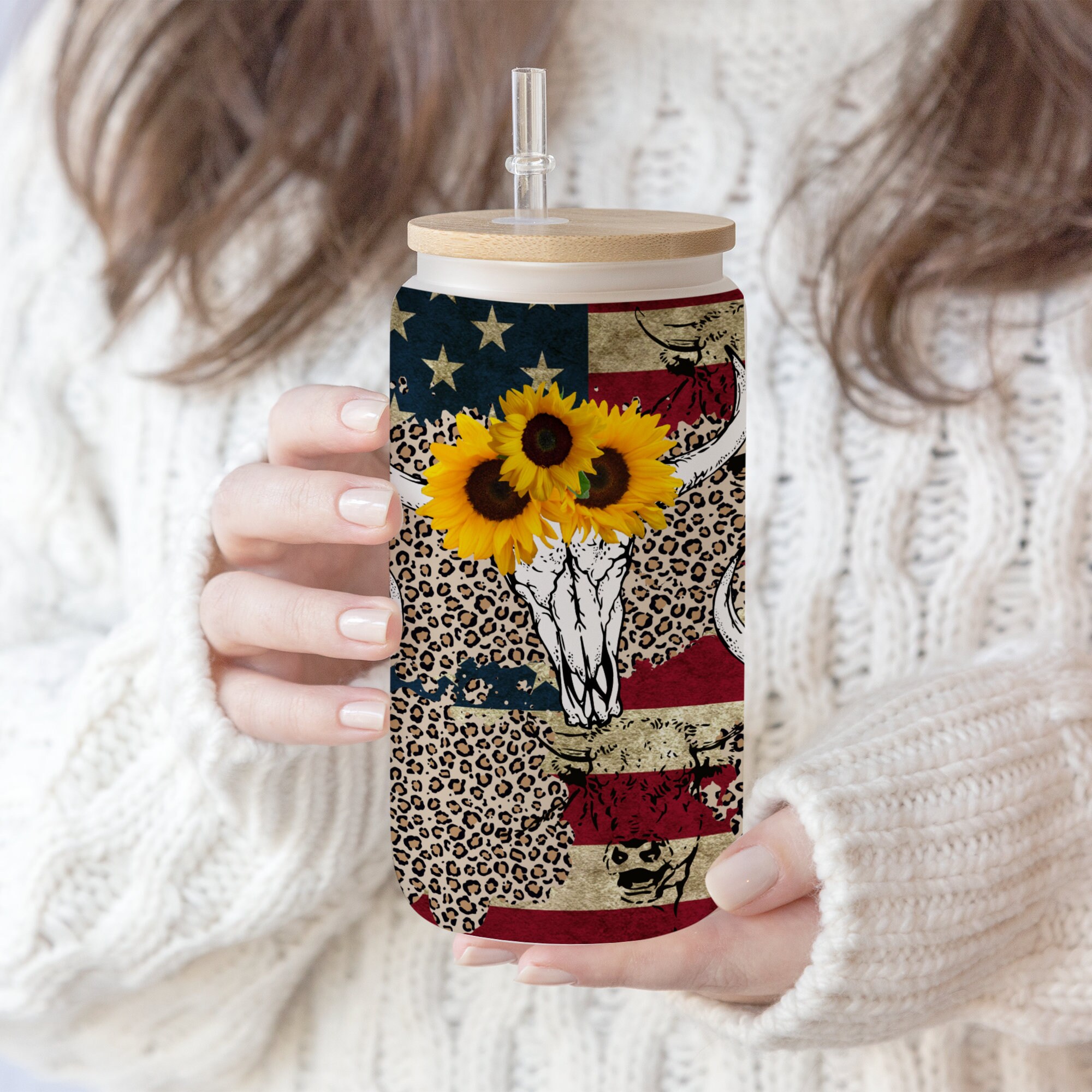 16 oz Libbey Glass Can Tumbler Sublimation Design Boho Western Sunflower American Flag Cow print, Waterslide digital png template design