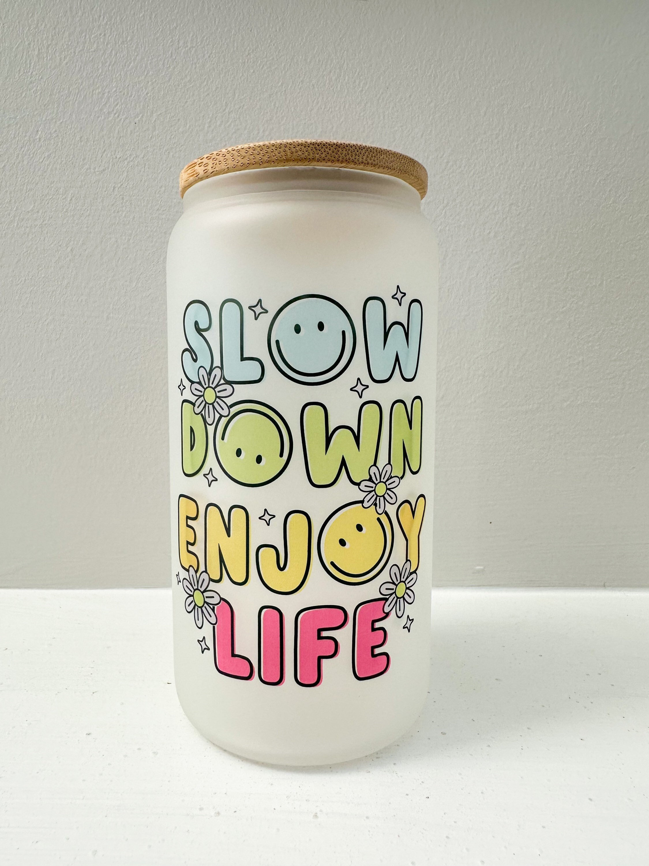 Slow Down Enjoy Life Glass, Iced Coffee Glass, Iced Coffee Cup, Glass Coffee Cup, Gift Ideas for Women, Gifts for Her