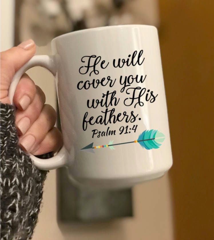 He will cover you with His feathers Coffee Cup mug, Encouraging coffee cup,  Christian friend gift, Thinking of you gift, Recovery gift idea