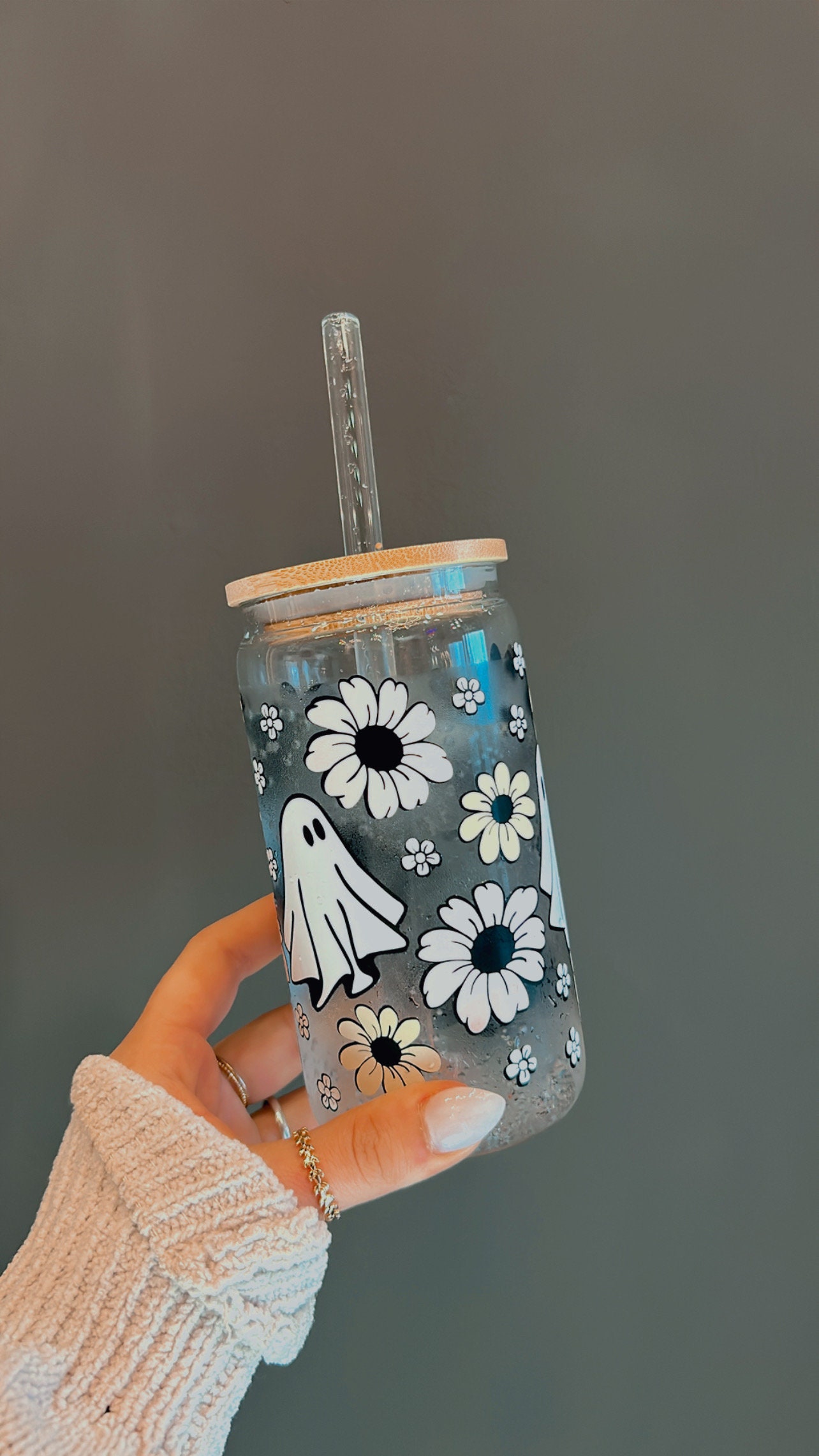 Retro Lilies Ghosts Glass Cup | Halloween/Fall Glass Iced Coffee cup | Ghosts Lillies glass cup | Boho Ghost glass cup | Boho glass cup |