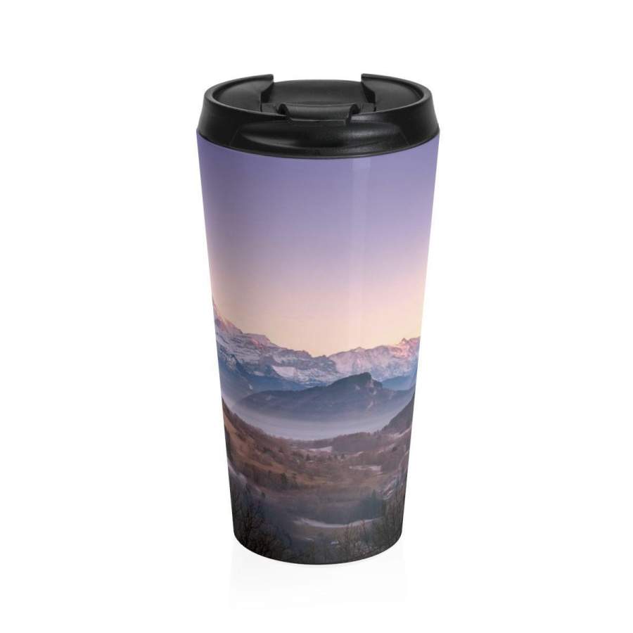 Stainless Steel Travel Mug, Boho Bohemian Hippie Travel Mug, Nature Mountains All Over Print Steel Mug, 15 Ounce Tumbler, 15oz Travel Mug