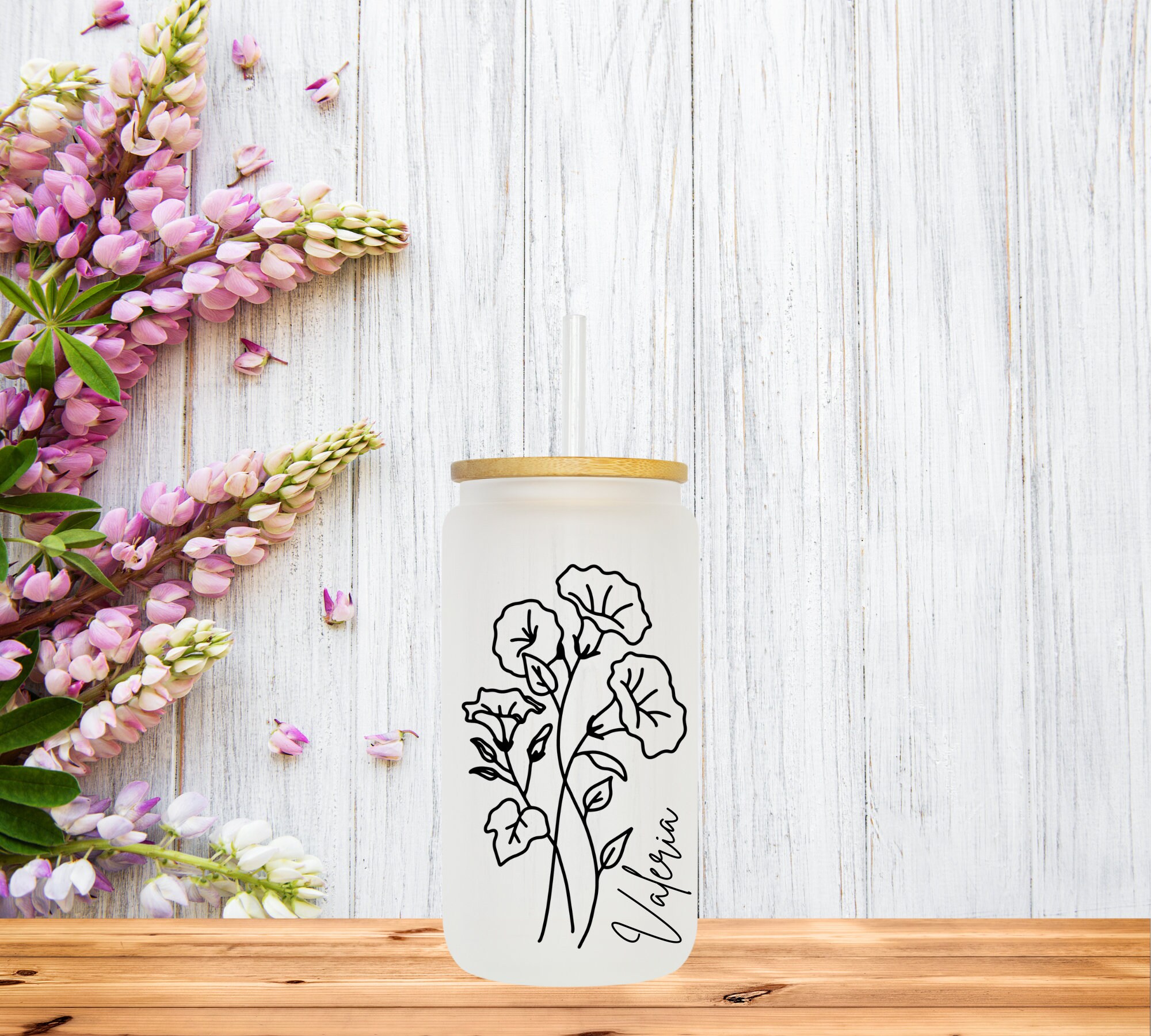 Birth Month Flower Frosted Glass Can | Iced Coffee Glass | Custom Name Birth Month Flower | Personalized Name Cup