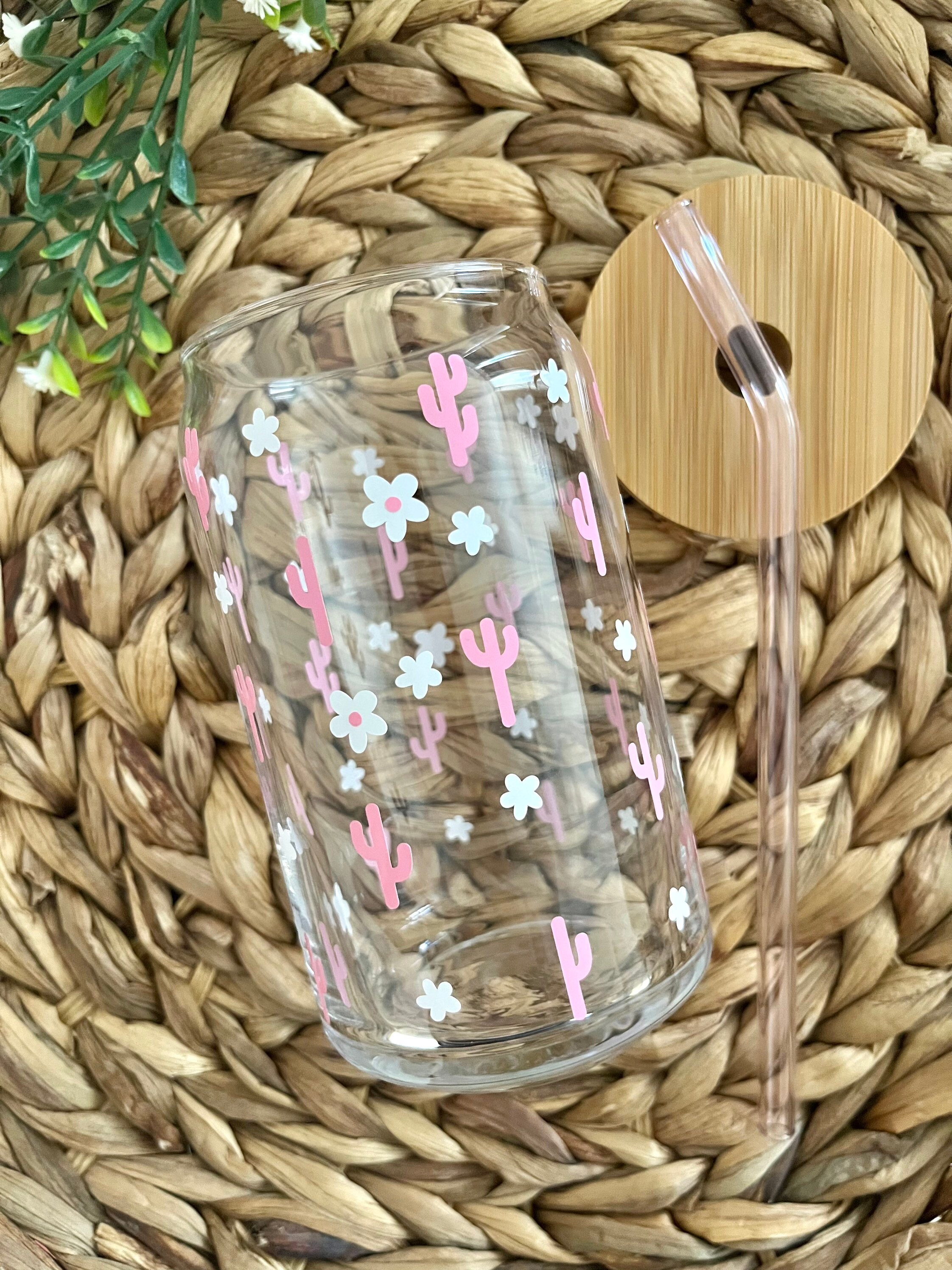 Cactus and Daisy Glass Cup / Iced Coffee Glass / Plants Glass Cup / Cute Coffee Cup / Plant Lady Cup / Gifts for Her