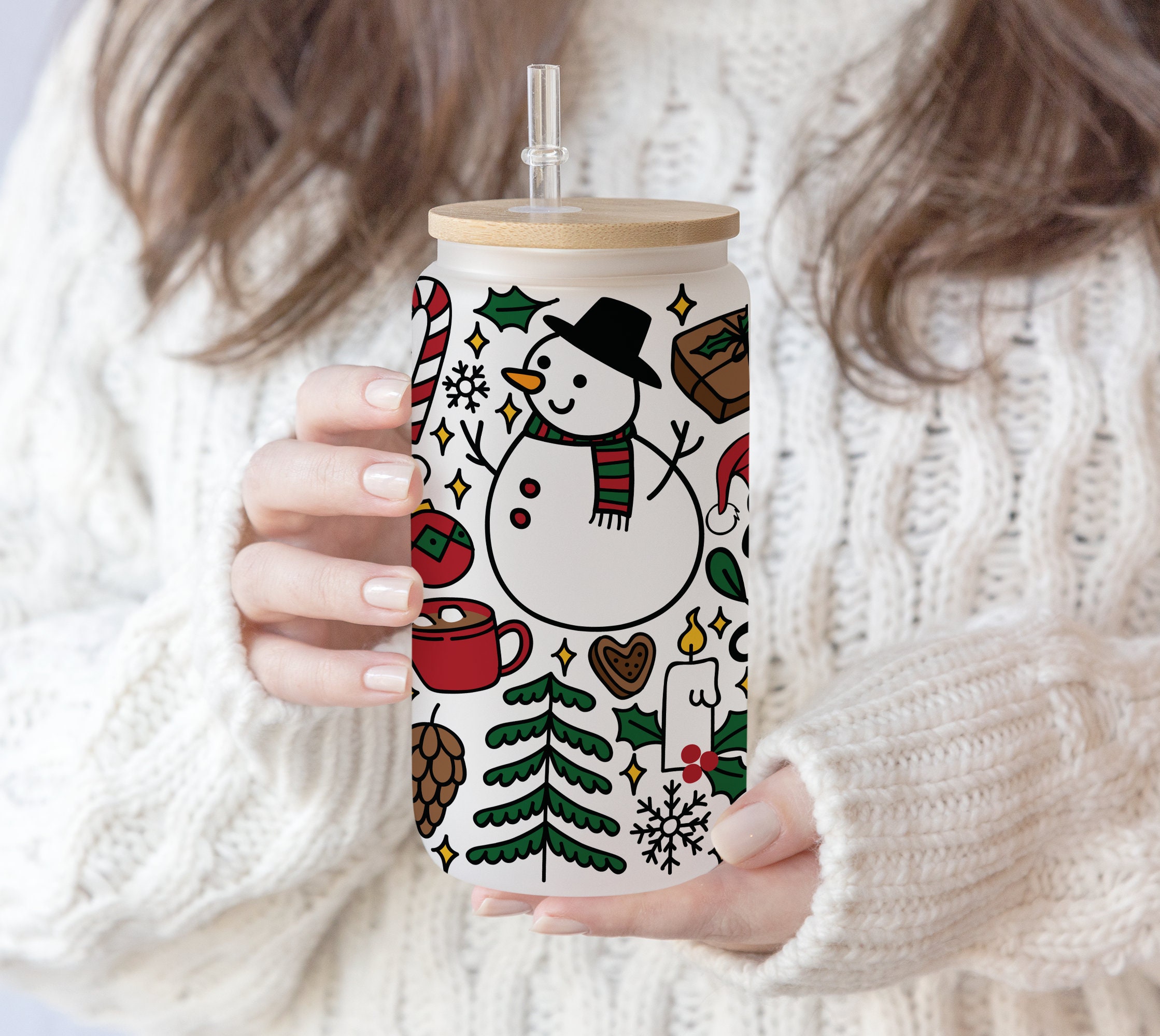 16 oz Libbey Glass Can Sublimation Cute Let It Snow | Believe Snowman Merry Christmas |  Snowflake Winter Theme SVG PNG Cricut Digital