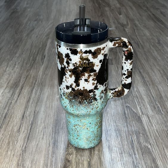 Cow Print Teal And Gold Ombré Custom Stanley Tumbler