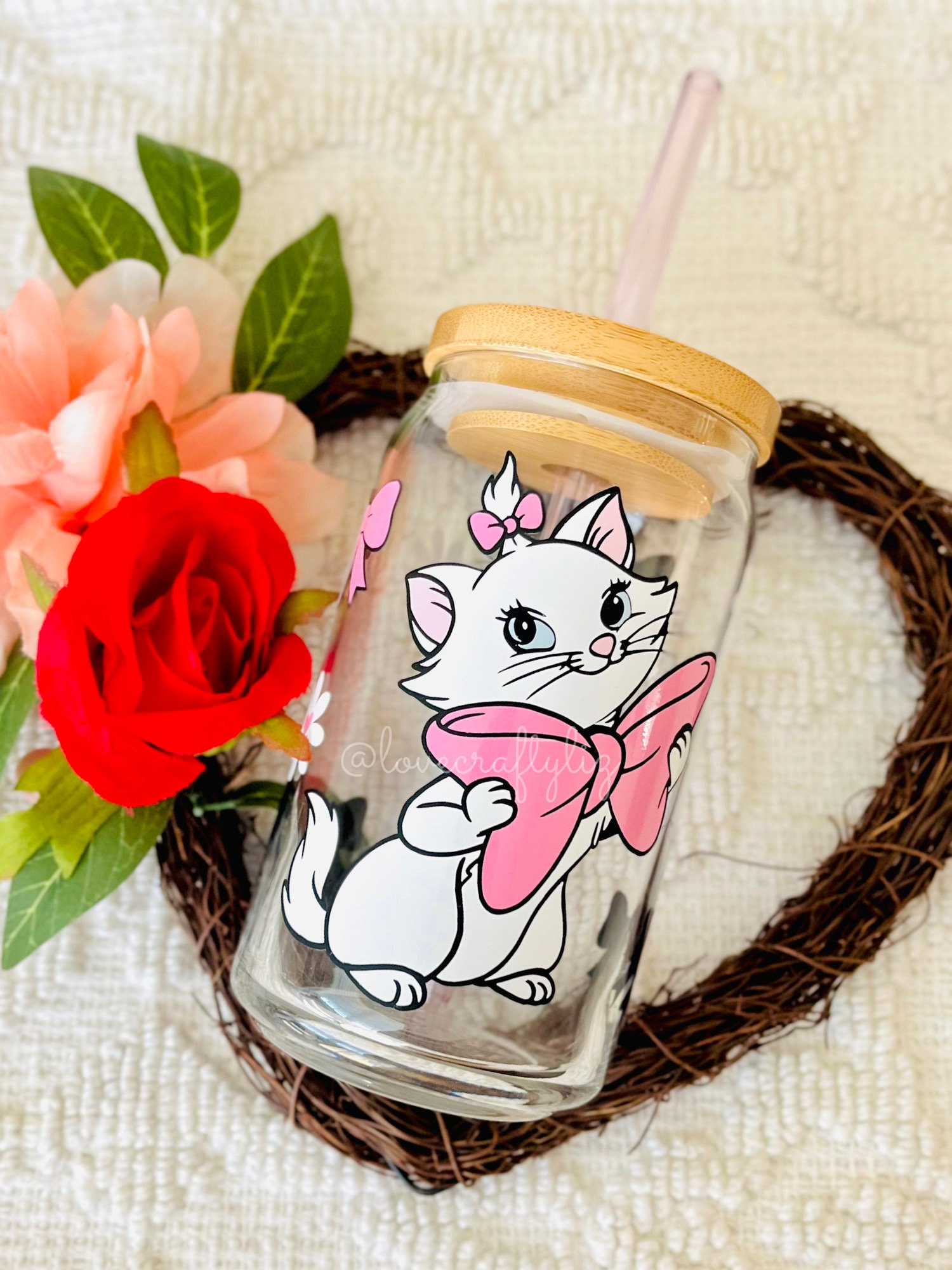 Marie Coquette Cat Bows Daisies 16oz Beer Can Glass | Spring Cup | Iced Coffee | Smoothie | Gift | Mom | Floral | Minnie | Disney Ears