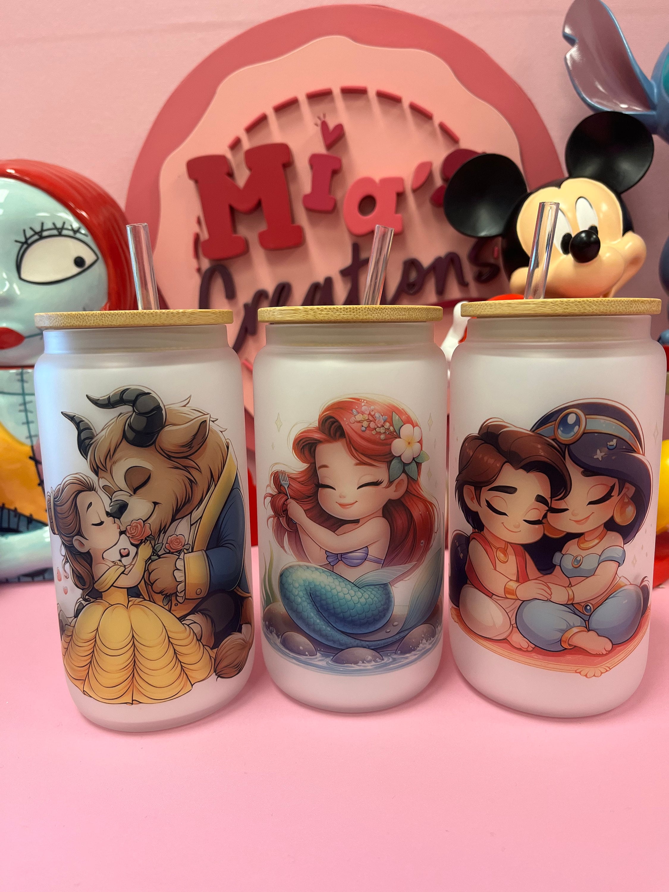 Princess frosted glass cans, Princess Ariel frosted glass can, Princess Belle frosted glass can, Princess Ariel frosted glass can