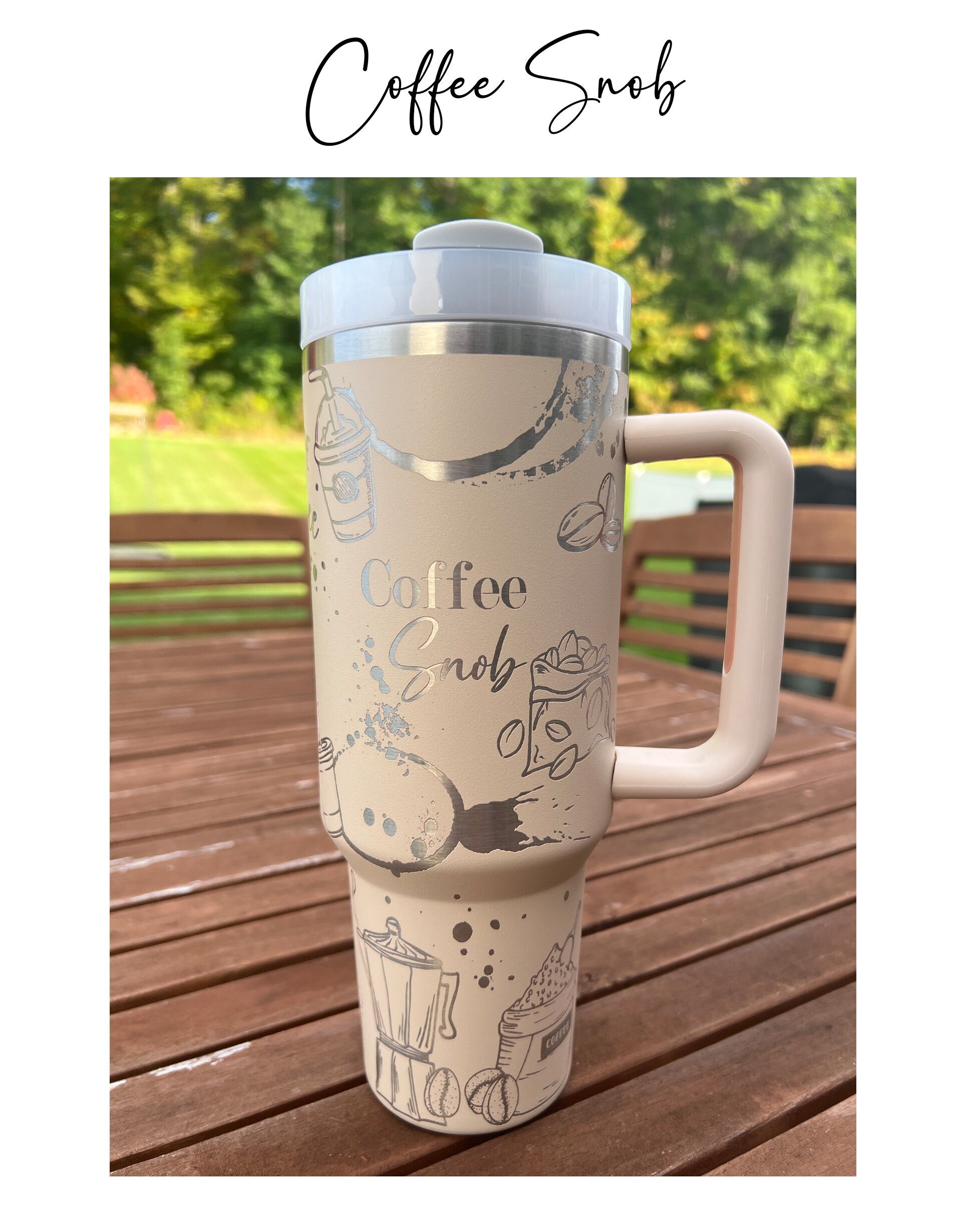 Coffee Lover Laser Engraved 40oz Champagne Custom Seamless Non-Branded Tumbler with Handle Lid and Straw, Double Wall Insulated Cup