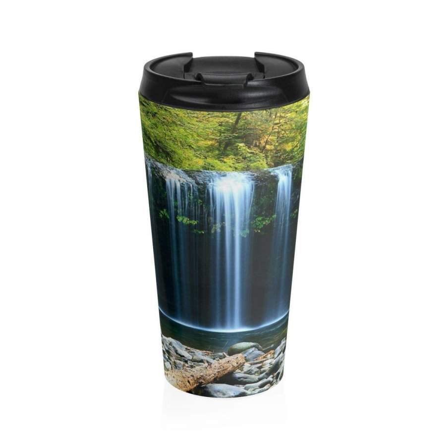 Stainless Steel Travel Mug, Boho Bohemian Hippie Travel Mug, Nature Waterfalls All Over Print Steel Mug, 15 Ounce Tumbler, 15oz Travel Mug