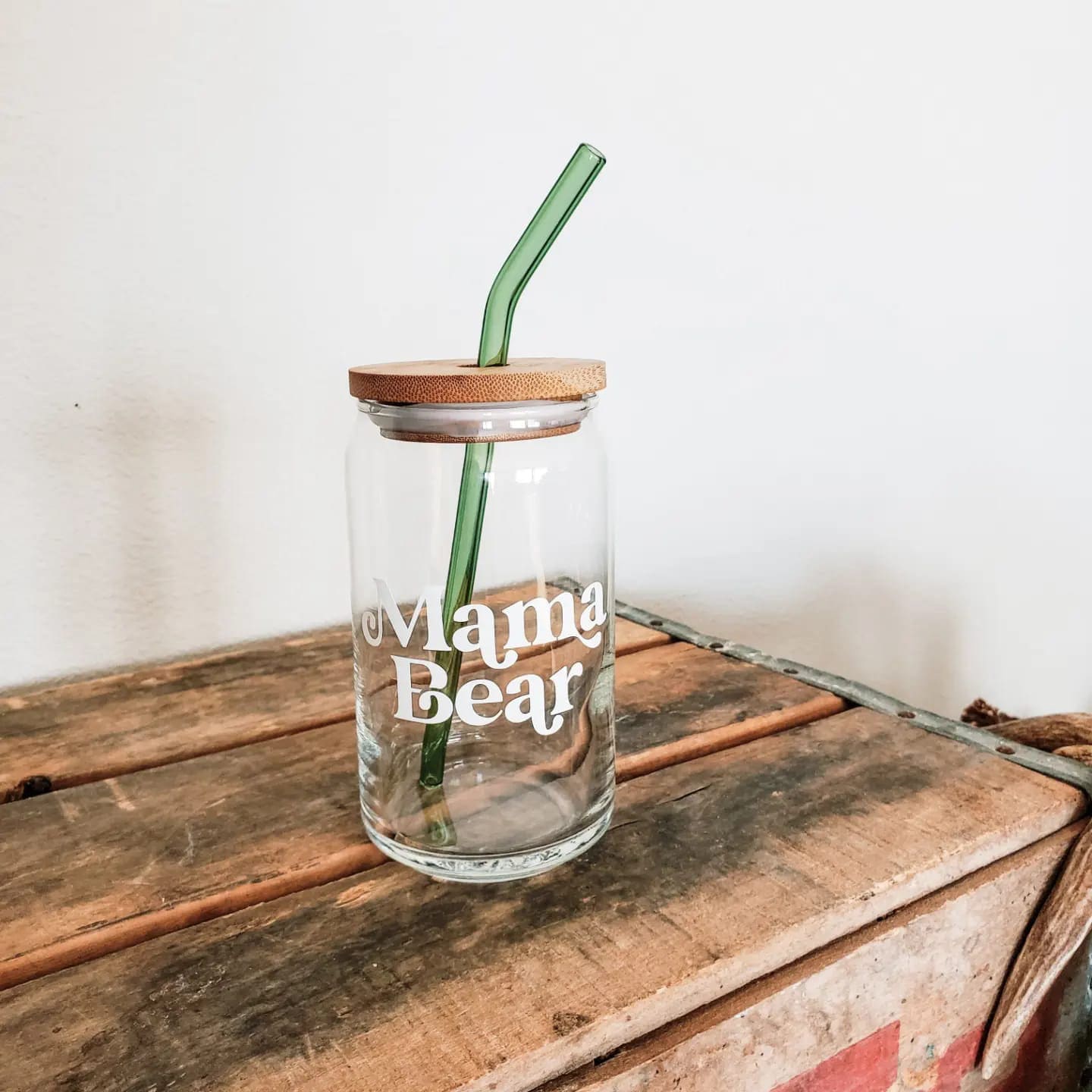 Mama Bear glass cup | Mama Bear Libby Beer Glass | Glass Cup w Bamboo Lid | Iced Coffee Glass w Straw