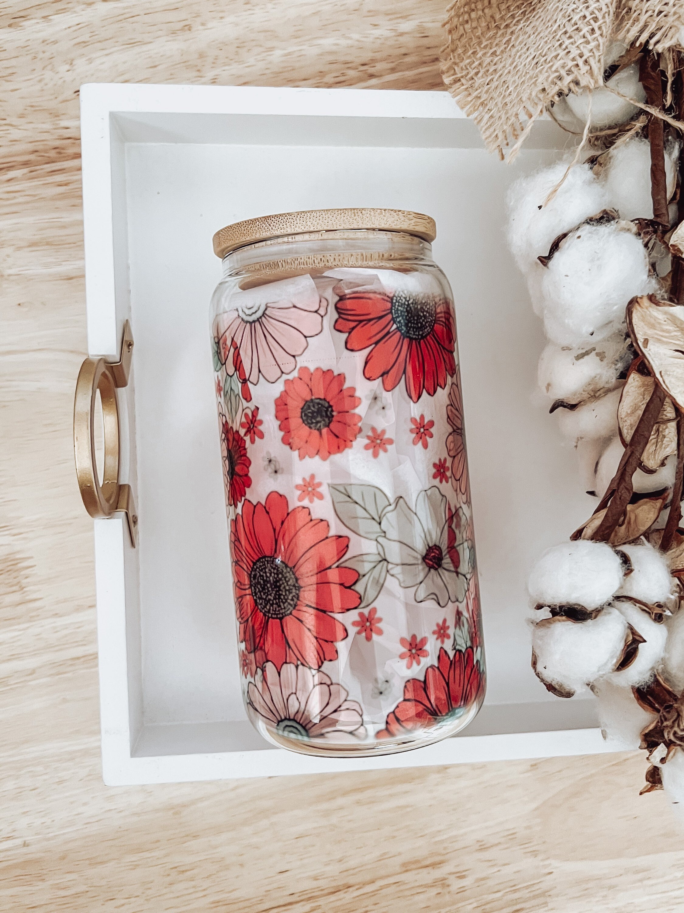 Christmas Floral Glass Can Cup, Beer Can Cup, Soda Can Glass, Cup for Iced Coffee, Cold Drink Cup, Reusable Plastic Straw and Bamboo Lid