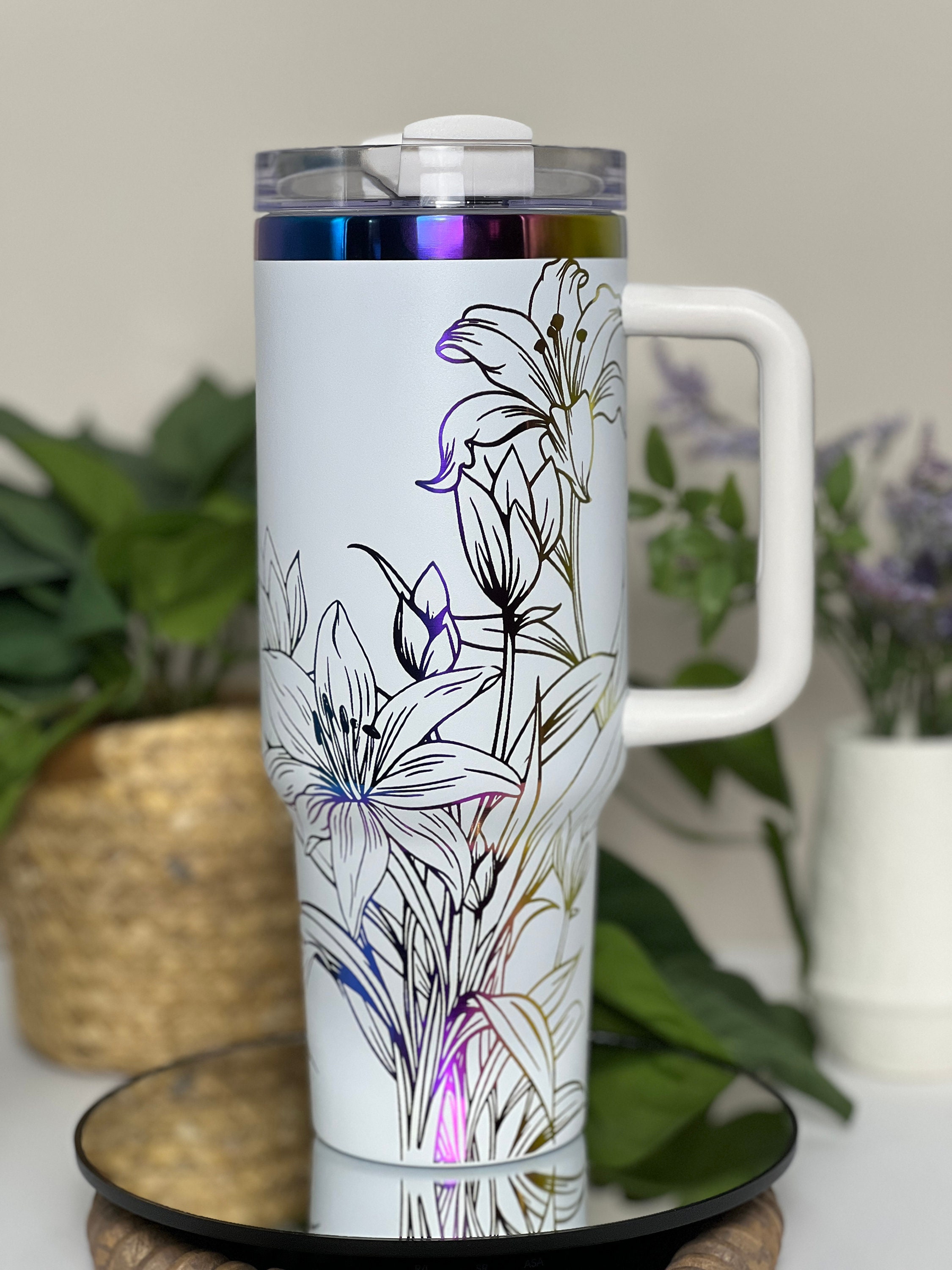 Tiger Lilies Laser Engraved 40oz Tumbler with Handle Lid and Straw, Custom Engraved Seamless Tumbler, Double Wall Insulated Cup