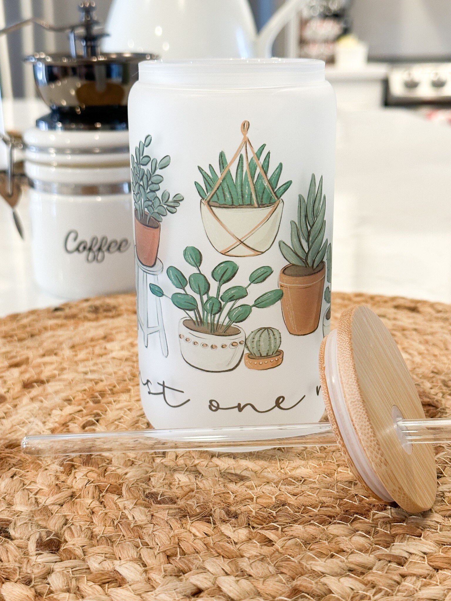 Just One More Plant Coffee Glass, Plant Lover Tumbler Gift, 16 oz Frosted Glass Cup, Gift, Ice Coffee Drink, Lid & Straw, Plant Mama Tumbler