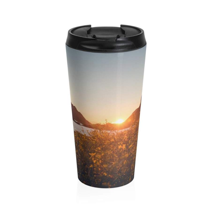 Stainless Steel Travel Mug, Nature Mountains Boho Bohemian Hippie Travel Mug, Insulated Nature Inspired 15 Ounce Tumbler, 15oz Coffee Cup