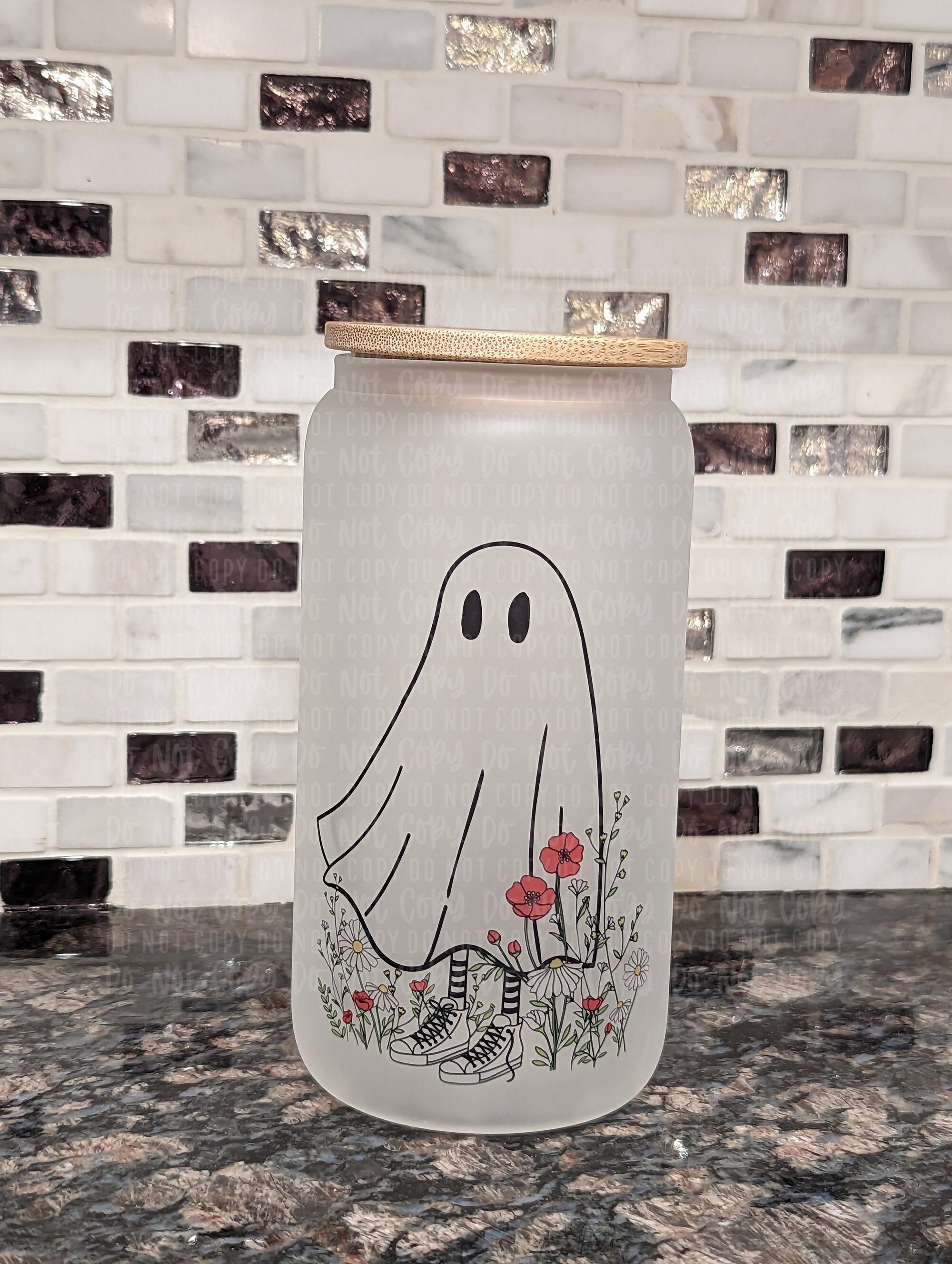 Frosted Glass Can | Iced Coffee Cup | Ghost Cup | Floral Ghost Glass | Halloween Mug