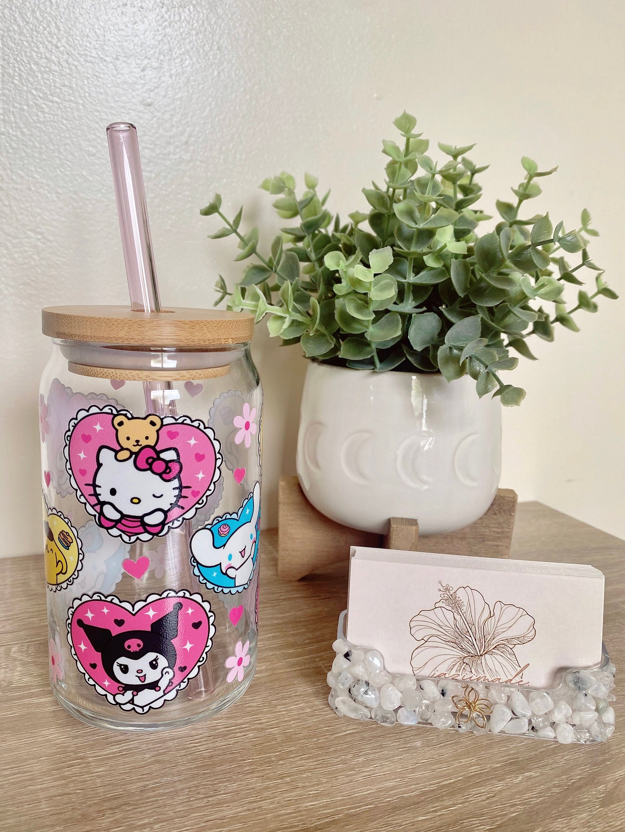 Kawaii Iced Coffee Glass, Valentines Day Beer Can Glass, Kitty & Friends Cup, Gift For Her, Kawaii Glass Cup, Kitty Hearts, Galentines Gift