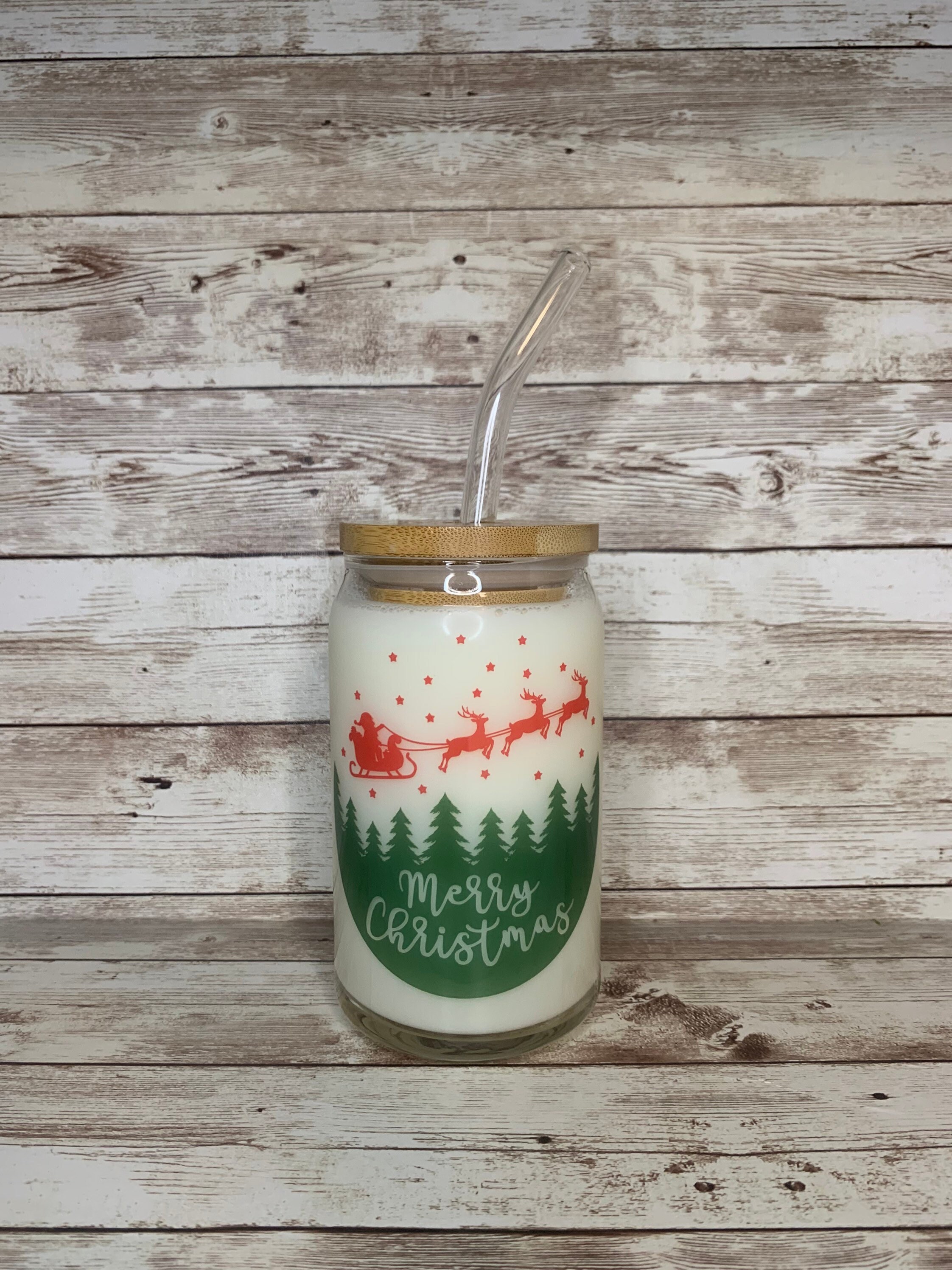 Color Changing Christmas Beer Can Glass / Holiday Tree Snowflake Present Glass / Iced Coffee Cup / Gift For Her / Santa Sleigh Xmas Scene