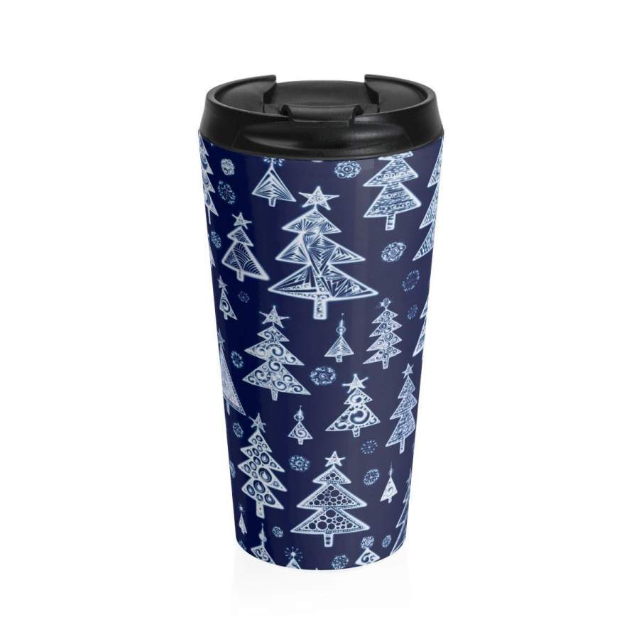 Stainless Steel Travel Mug, Christmas Tree Holiday Tree Travel Mug, All Over Print Steel Cup, 15 Ounce Tumbler, 15oz Coffee Tea Drinkware