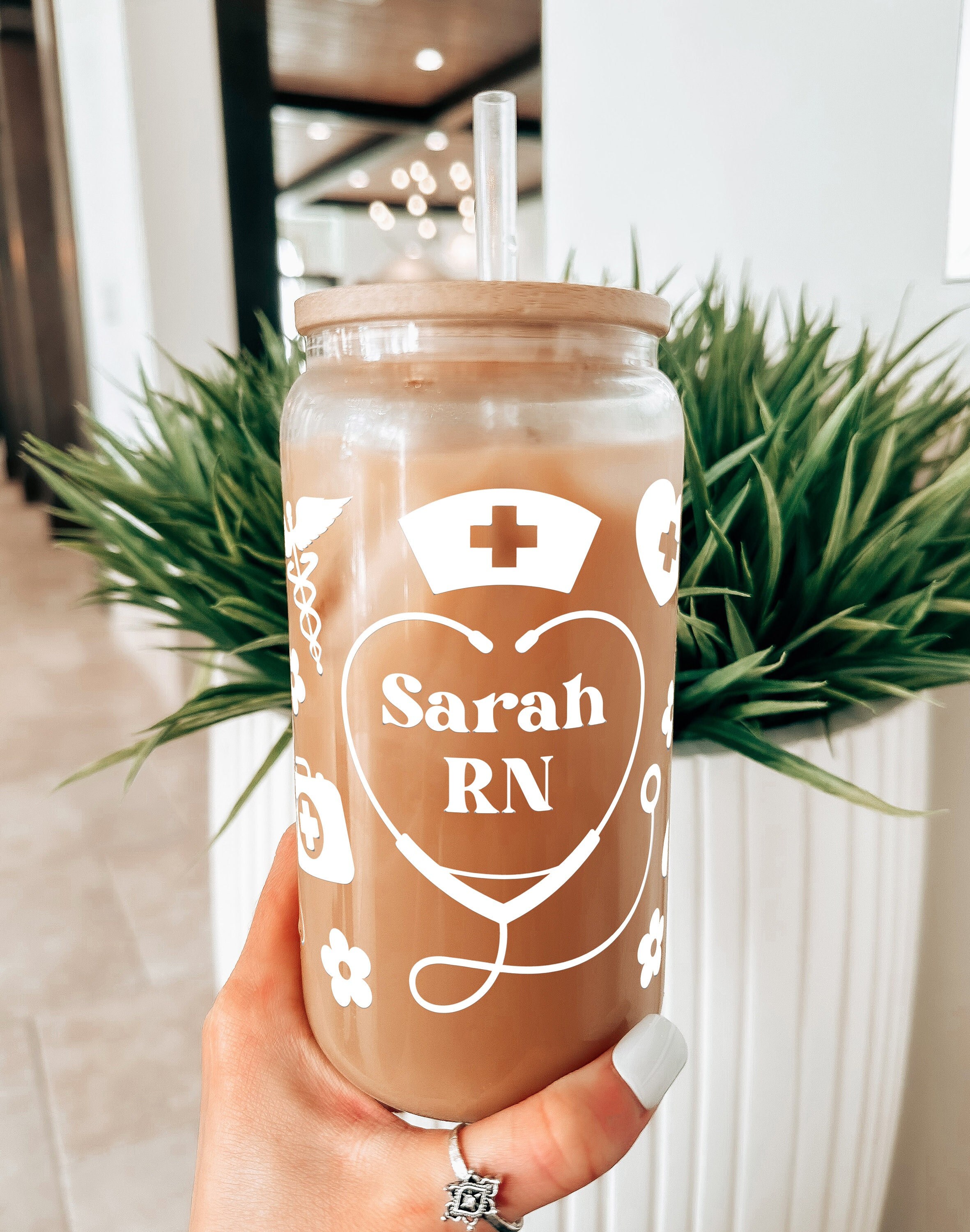 Personalized Nurse Glass Stethoscope,Custom Nurse Beer Can Glass Lid and Straw,Nurse Iced Coffee Glass,Nurse Appreciation Gift RN LPN CNA